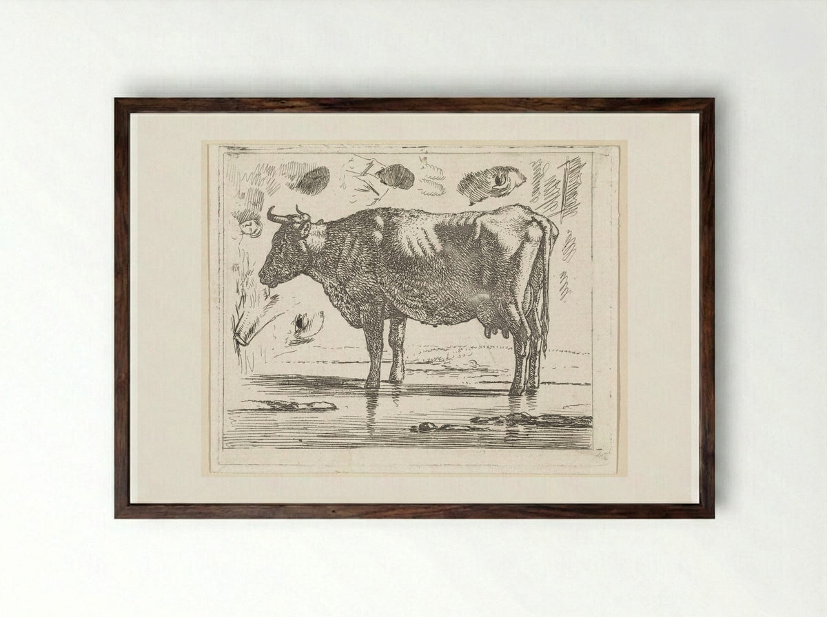 Staande koe in het water - Wouter Johannes van Troostwijk - Framed Print Dark Wood
