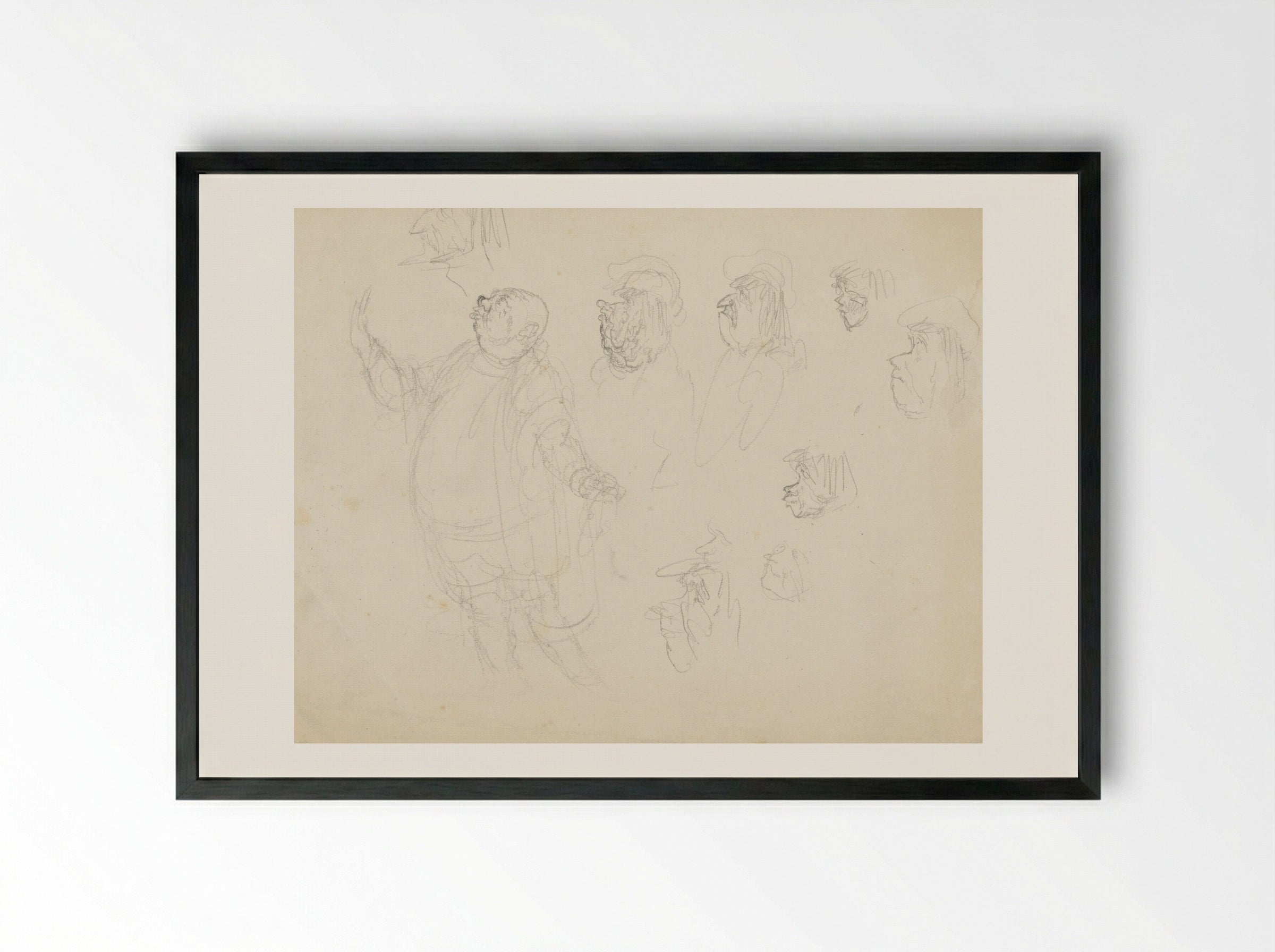 Staande man en verschillende gezichten - Henk Henriët - Framed Print Black