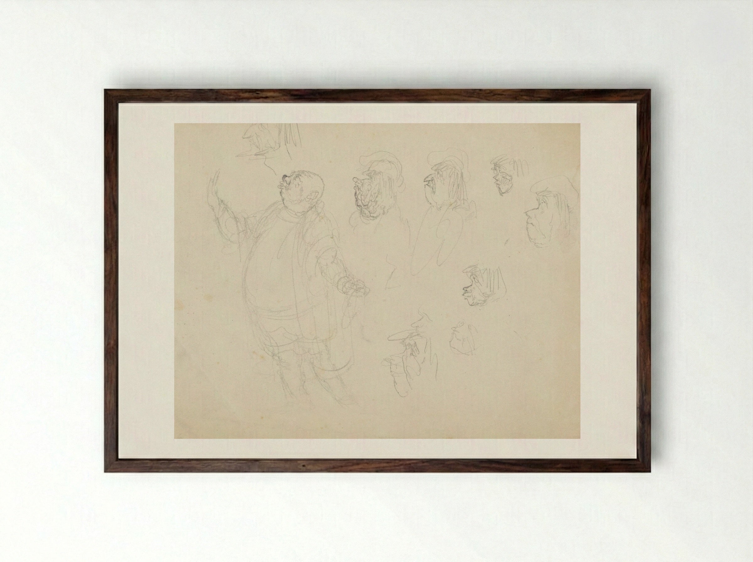 Staande man en verschillende gezichten - Henk Henriët - Framed Print Dark Wood