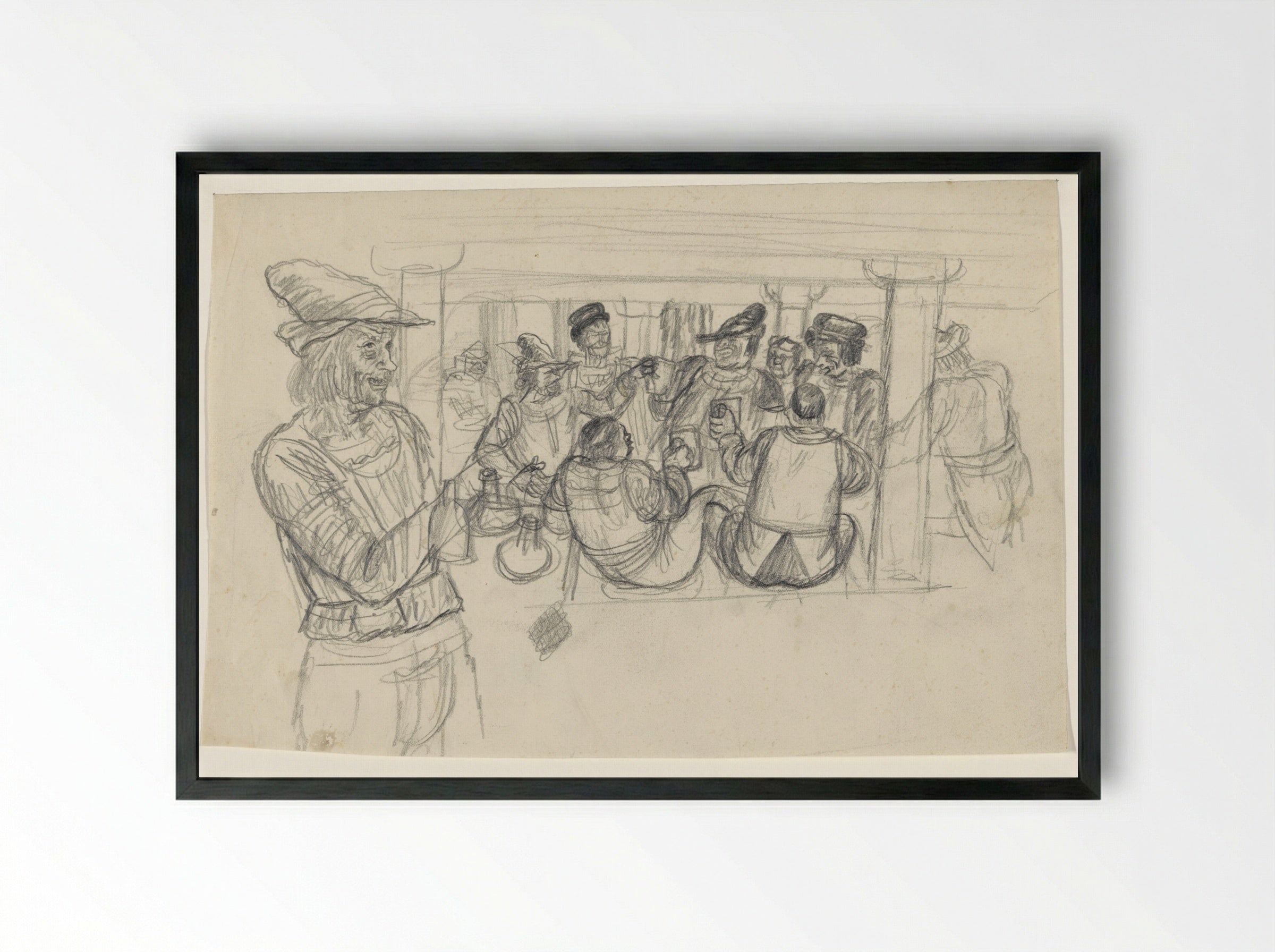 Staande man met hoed en daarachter een gezelschap zittende mannen - Henk Henriët - Framed Print Black