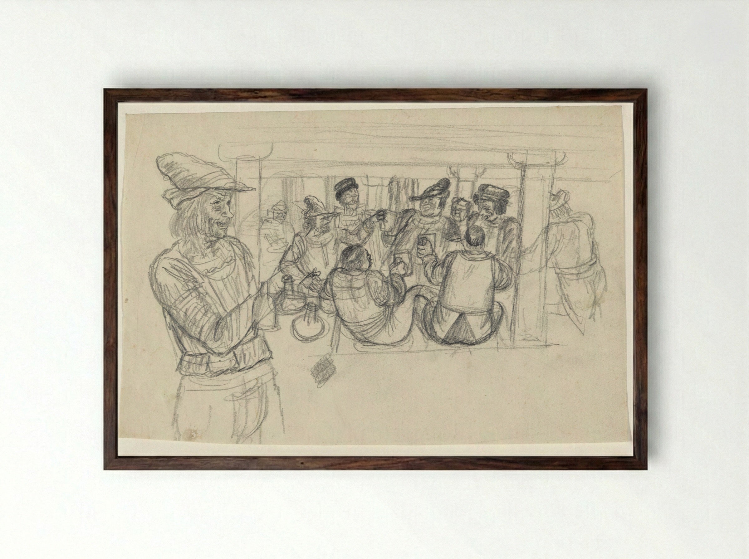 Staande man met hoed en daarachter een gezelschap zittende mannen - Henk Henriët - Framed Print Dark Wood