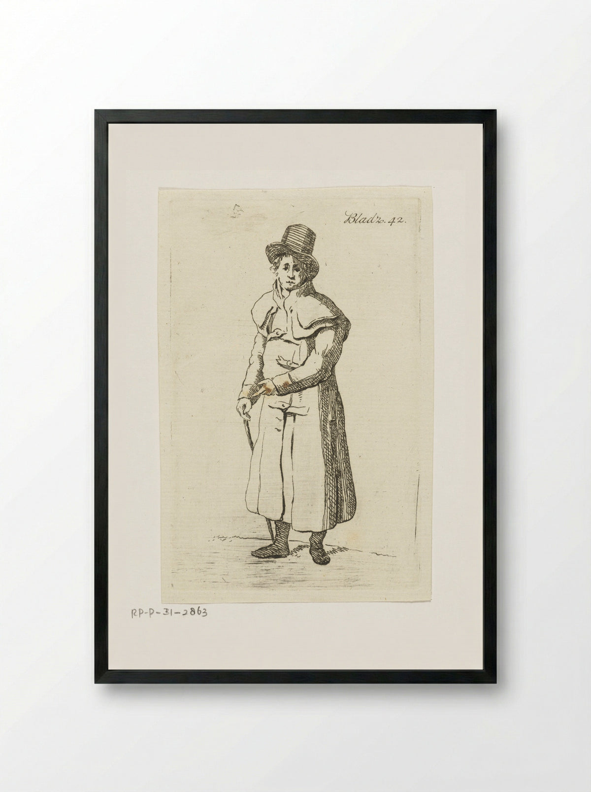 Staande man met lange jas, hoed en wandelstok - Anthonie van den Bos - Framed Print Black