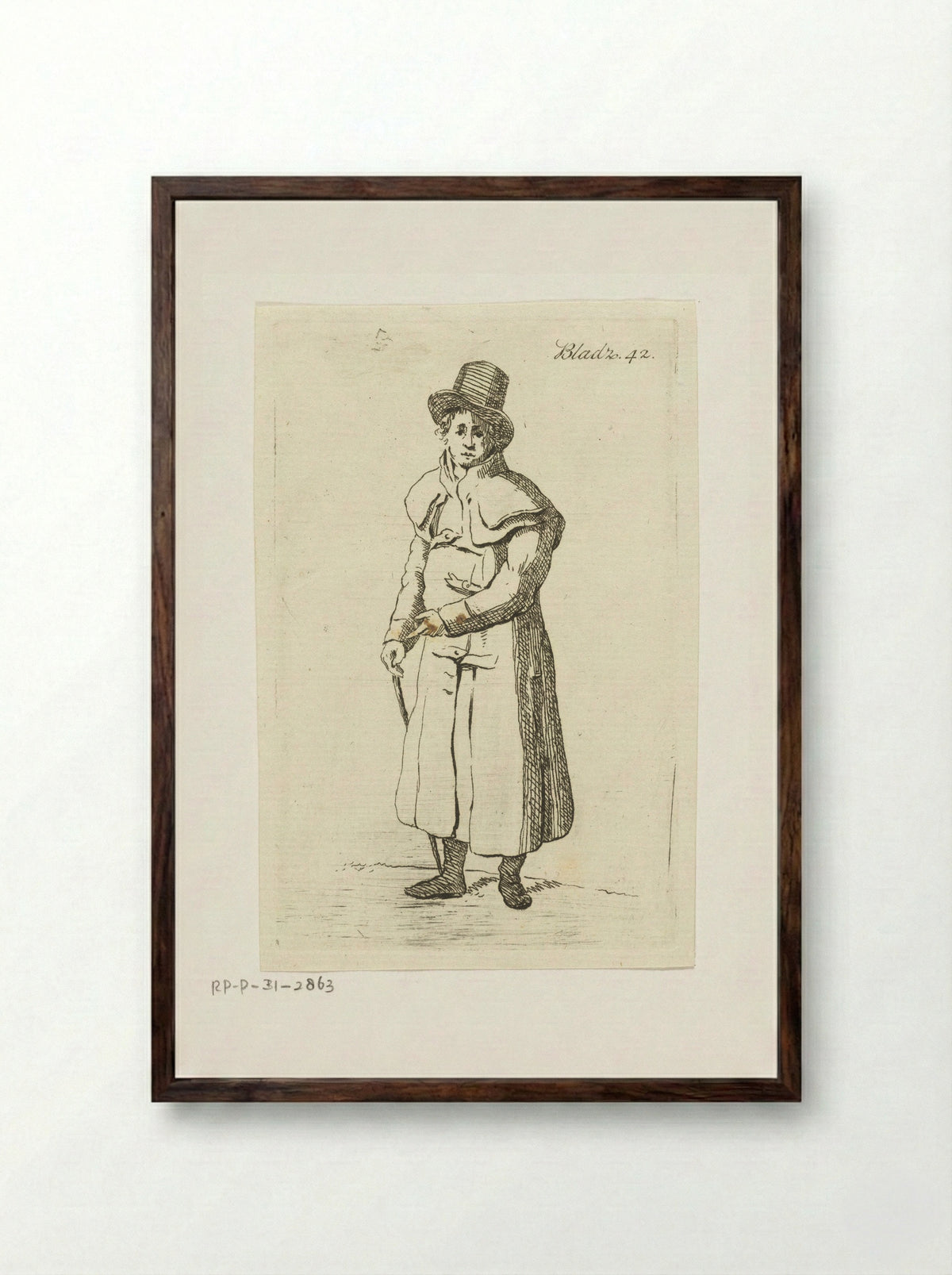 Staande man met lange jas, hoed en wandelstok - Anthonie van den Bos - Framed Print Dark Wood