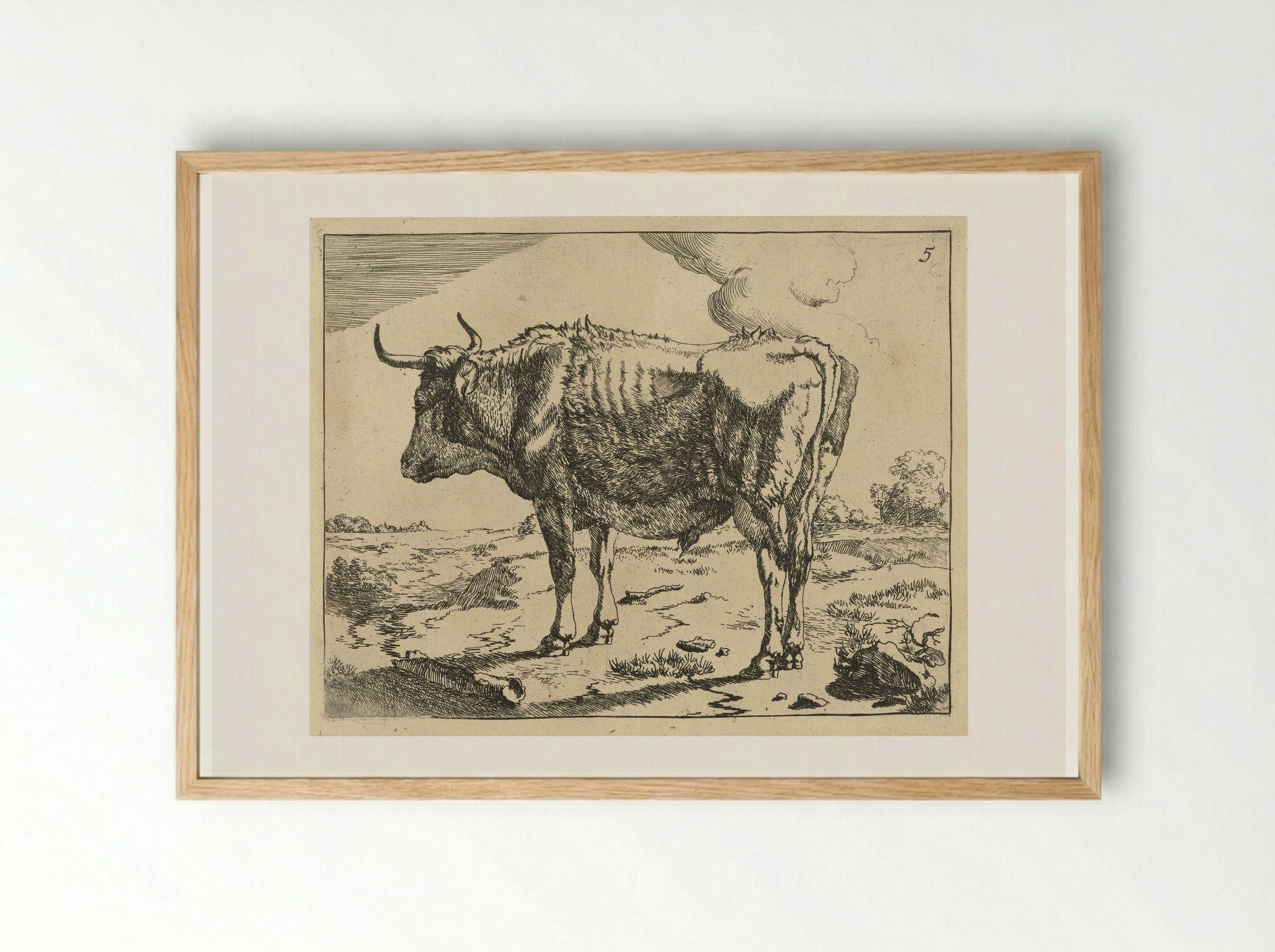 Staande stier (Standing Bull) - Marcus de Bye - Framed Print Wood