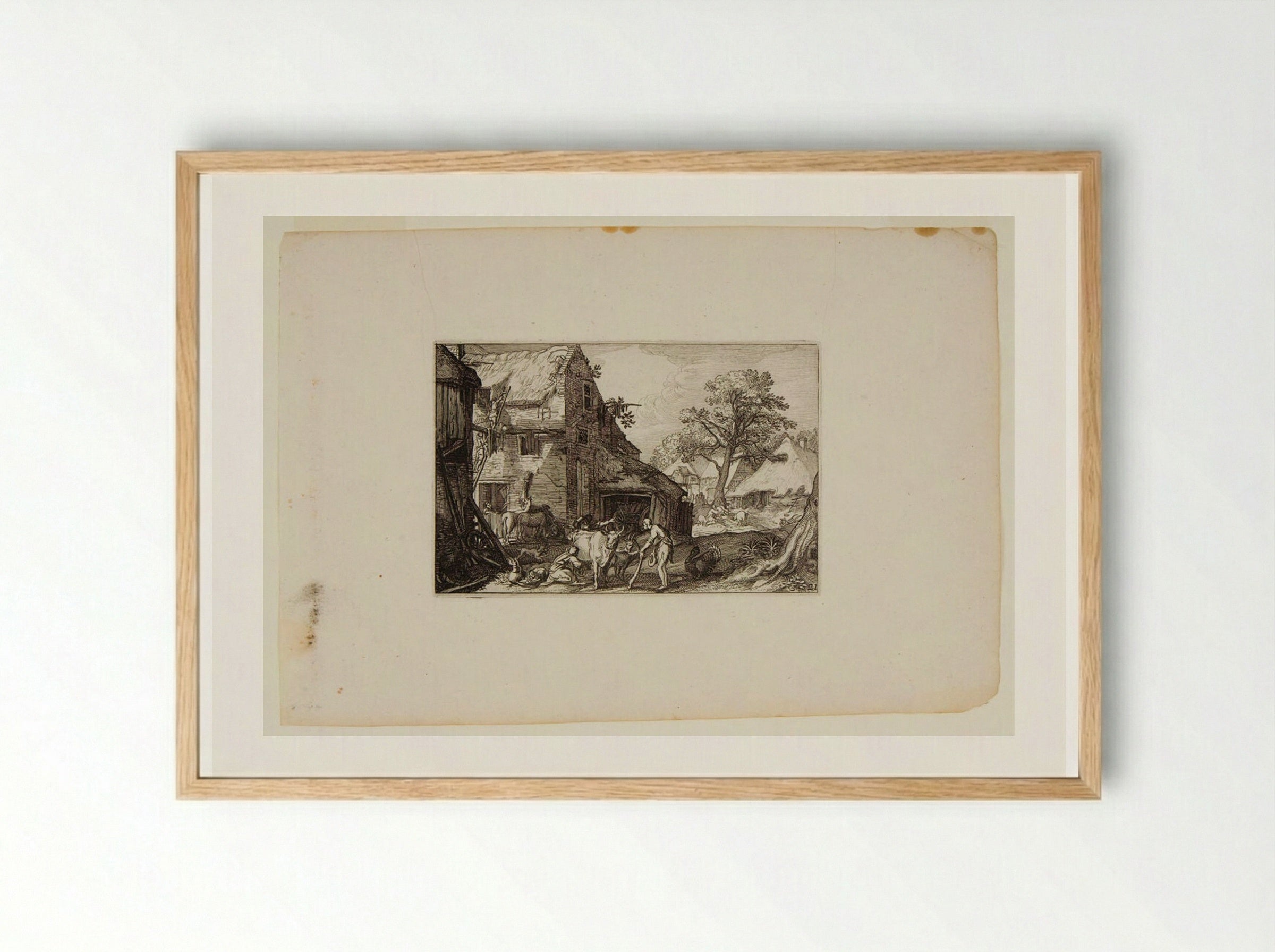 Stable with Milkmaid Milking and Two Men in Foreground - Claes Jansz. Visscher - Framed Print Wood