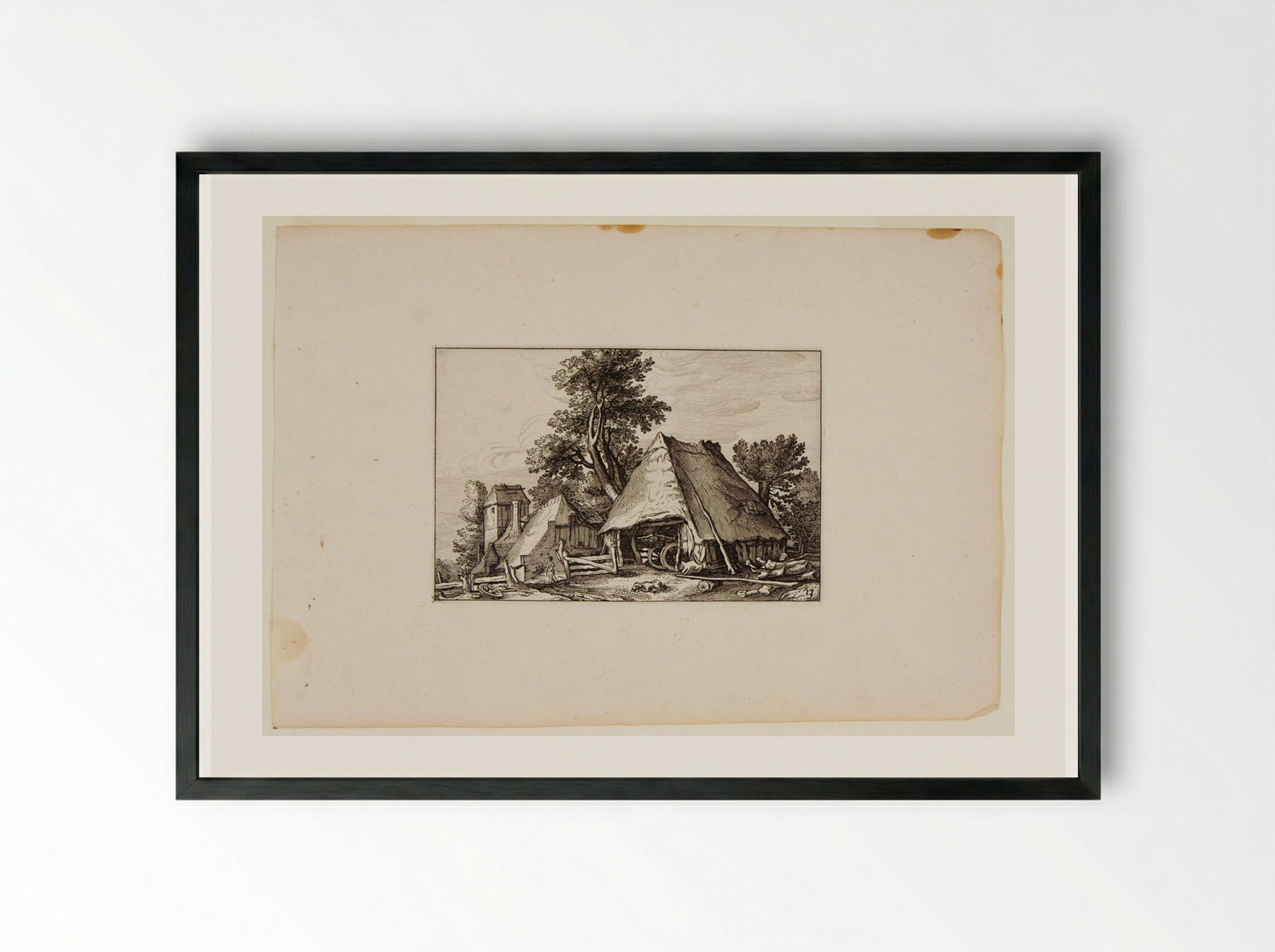 Stable with Wagon Inside, Farm Buildings to Left - Claes Jansz. Visscher - Framed Print Black