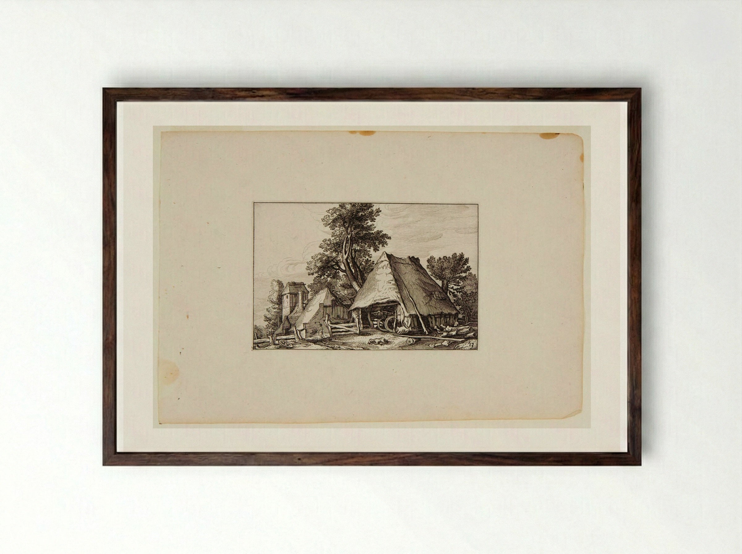 Stable with Wagon Inside, Farm Buildings to Left - Claes Jansz. Visscher - Framed Print Dark Wood