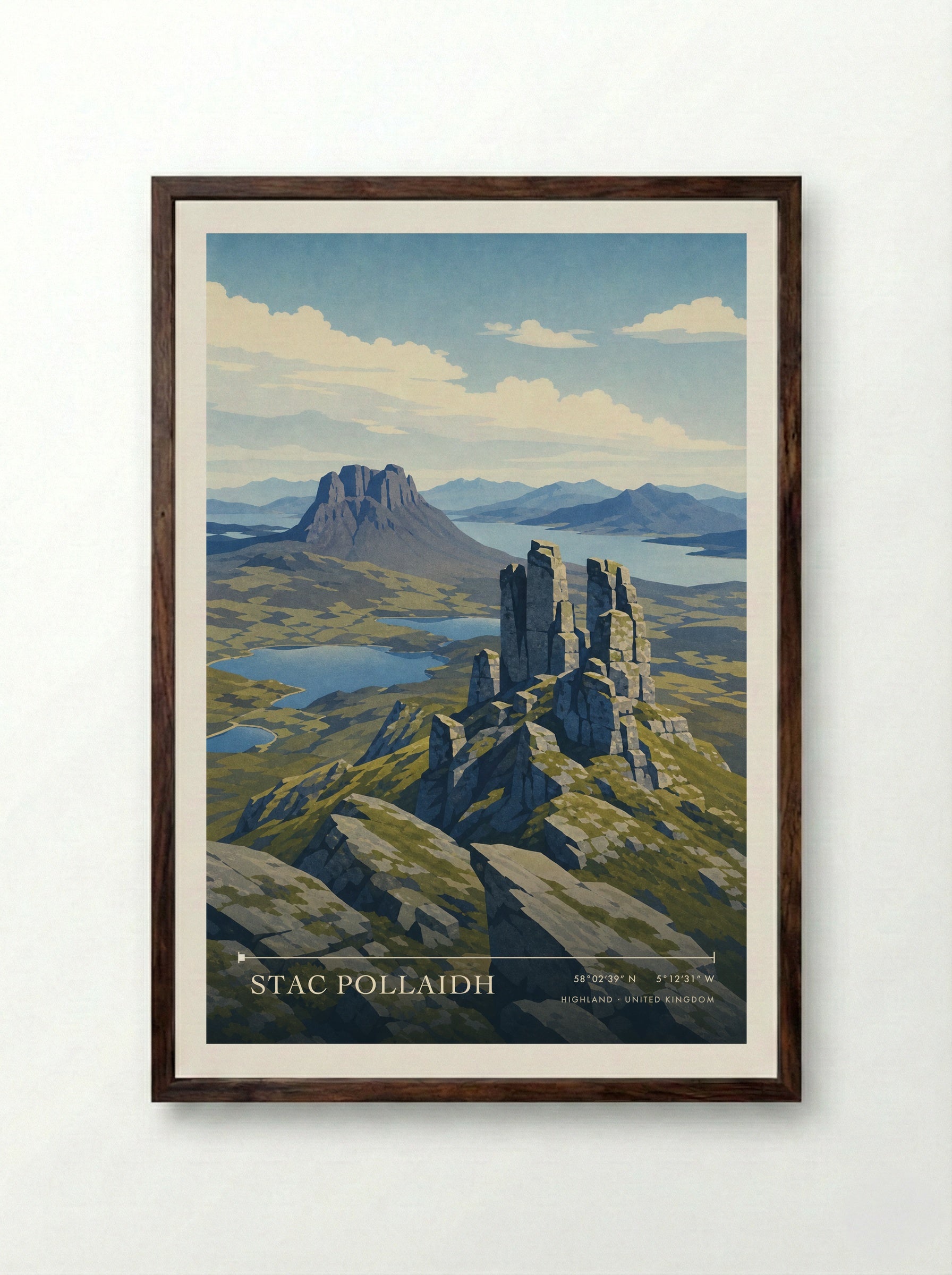 Stac Pollaidh Highland United Kingdom Travel Poster - Framed Print Dark Wood