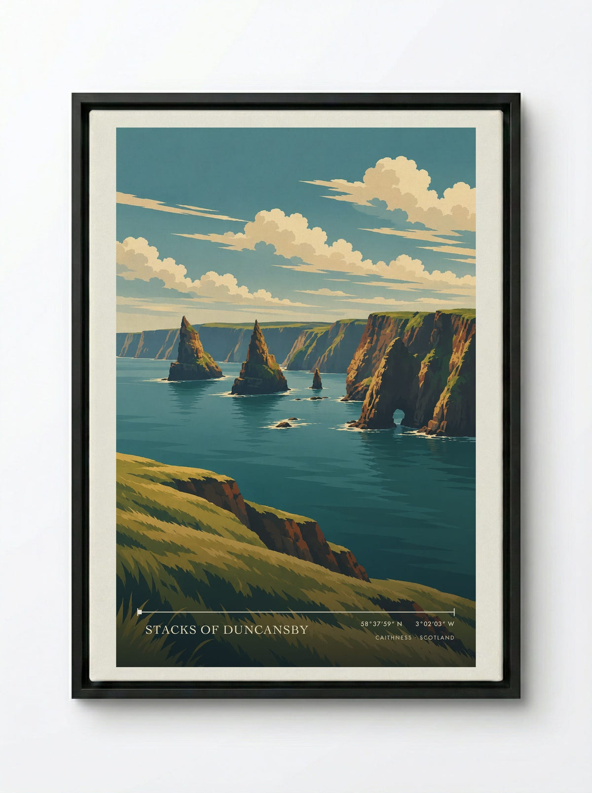 Stacks of Duncansby, Caithness | Travel Poster - Framed Canvas Black
