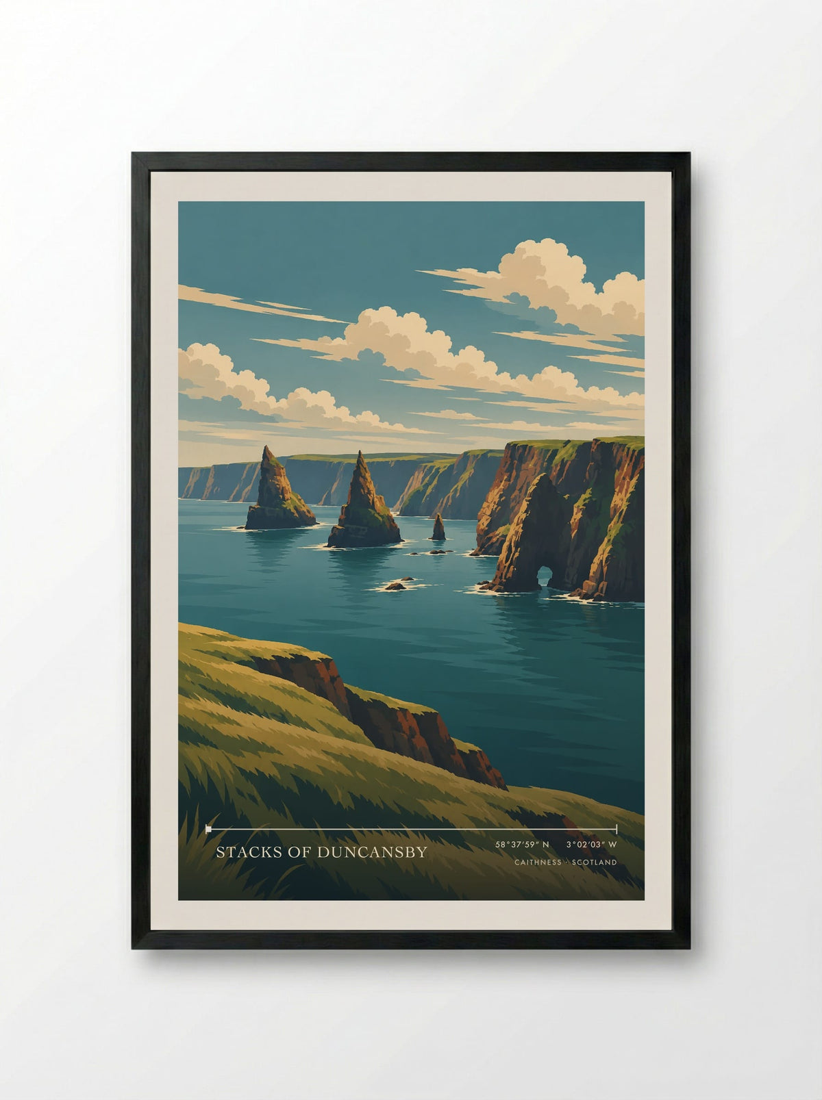 Stacks of Duncansby, Caithness | Travel Poster - Framed Print Black