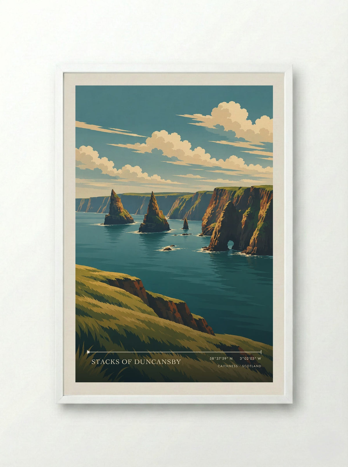Stacks of Duncansby, Caithness | Travel Poster - Framed Print White