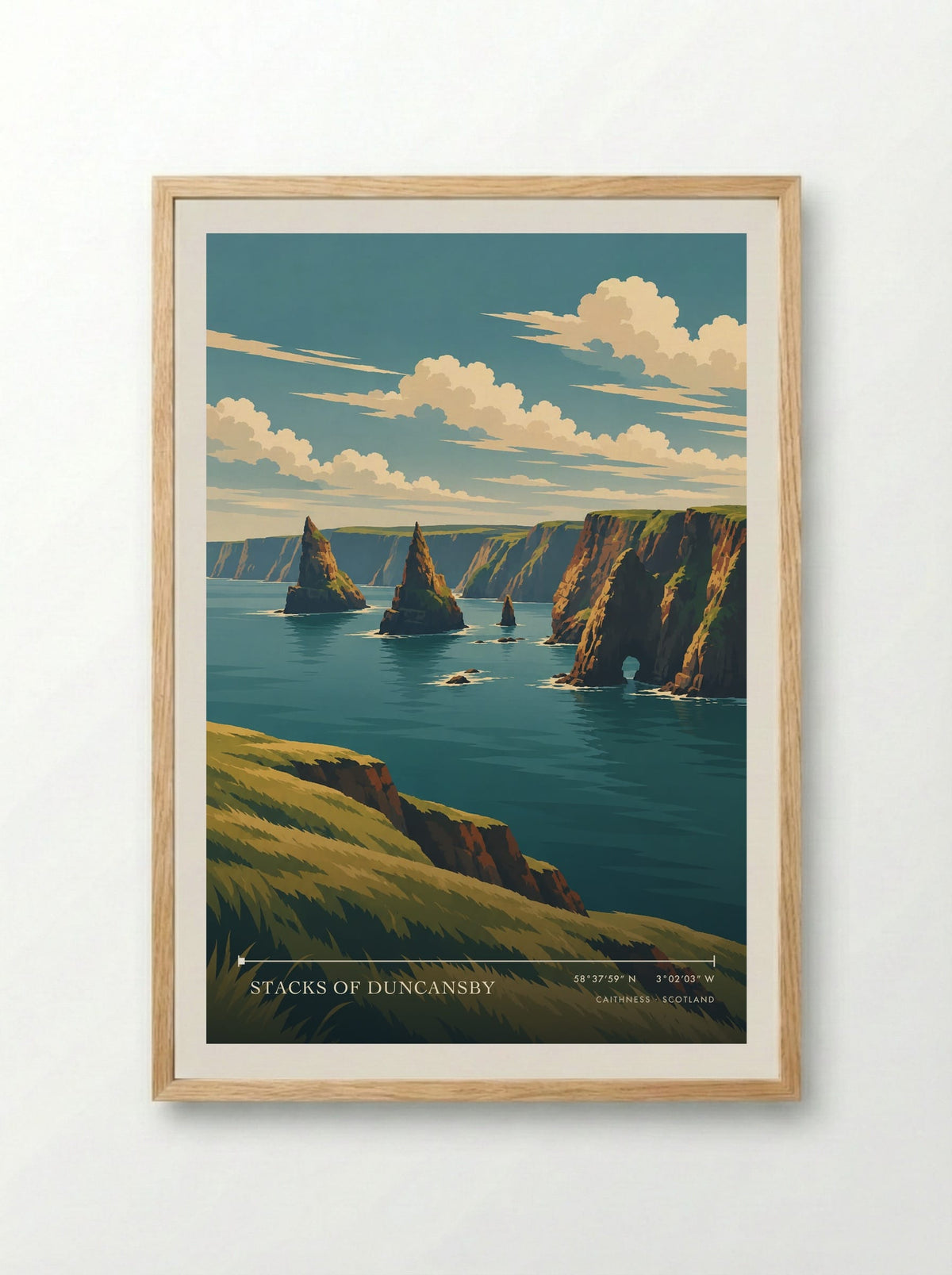 Stacks of Duncansby, Caithness | Travel Poster - Framed Print Wood