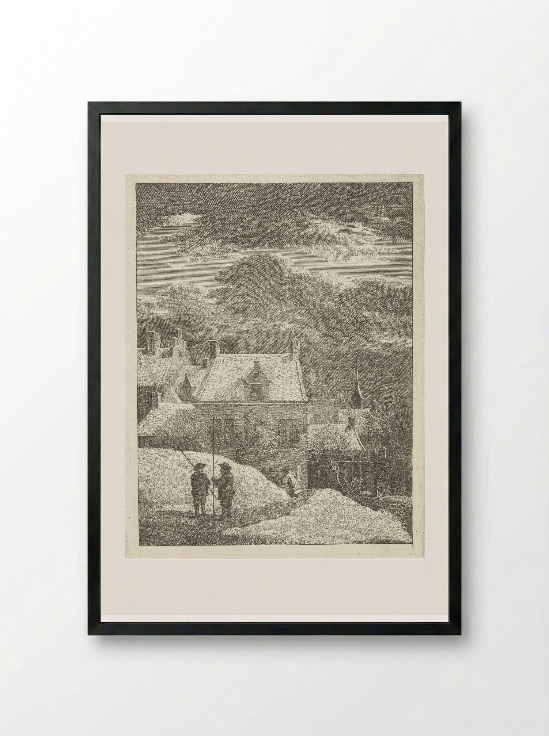 Stadsgezicht in de sneeuw - Abraham Delfos - Framed Print Black
