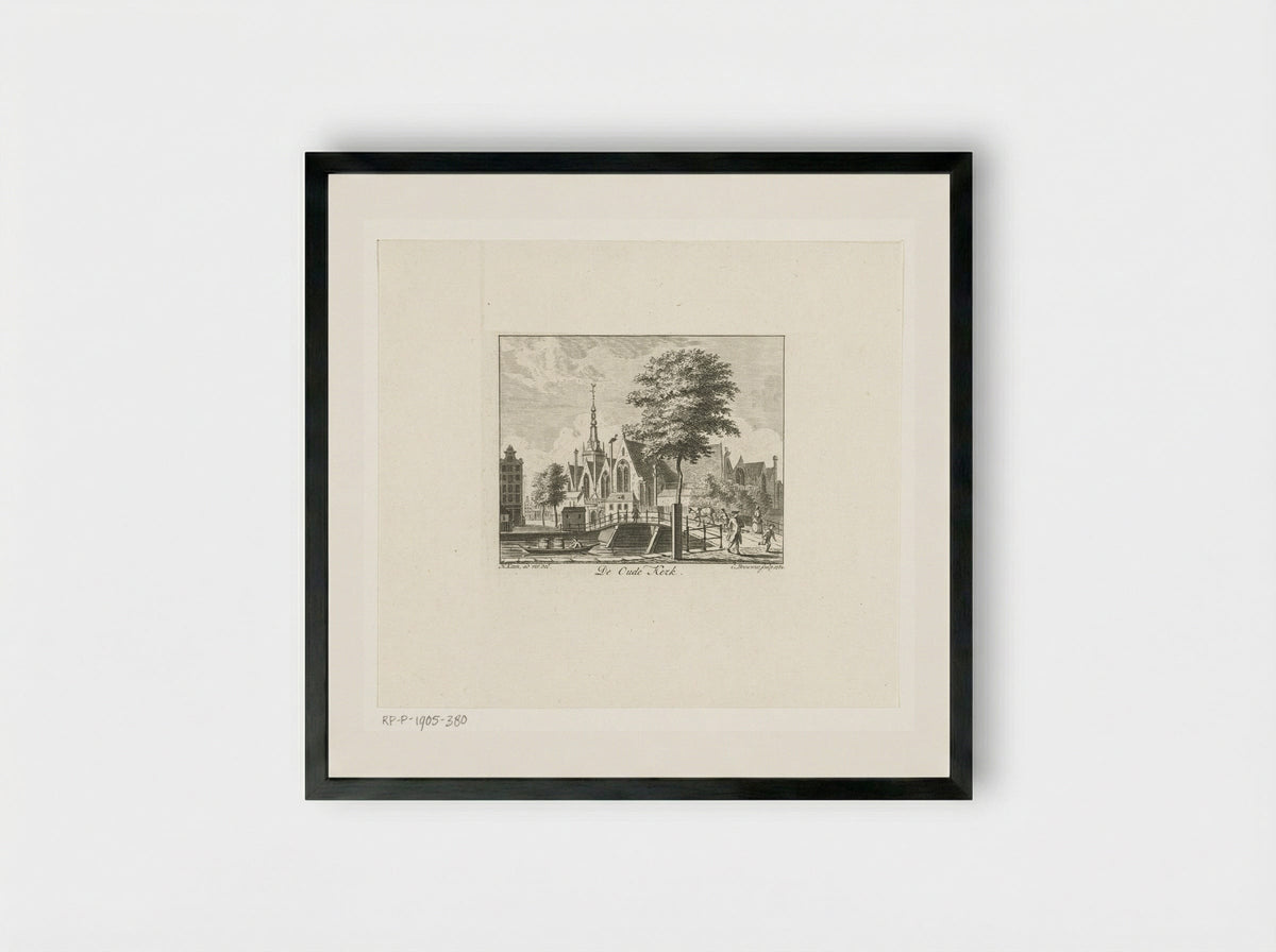 Stadsgezicht met Oude Kerk te Amsterdam - Cornelis Brouwer - Framed Print Black