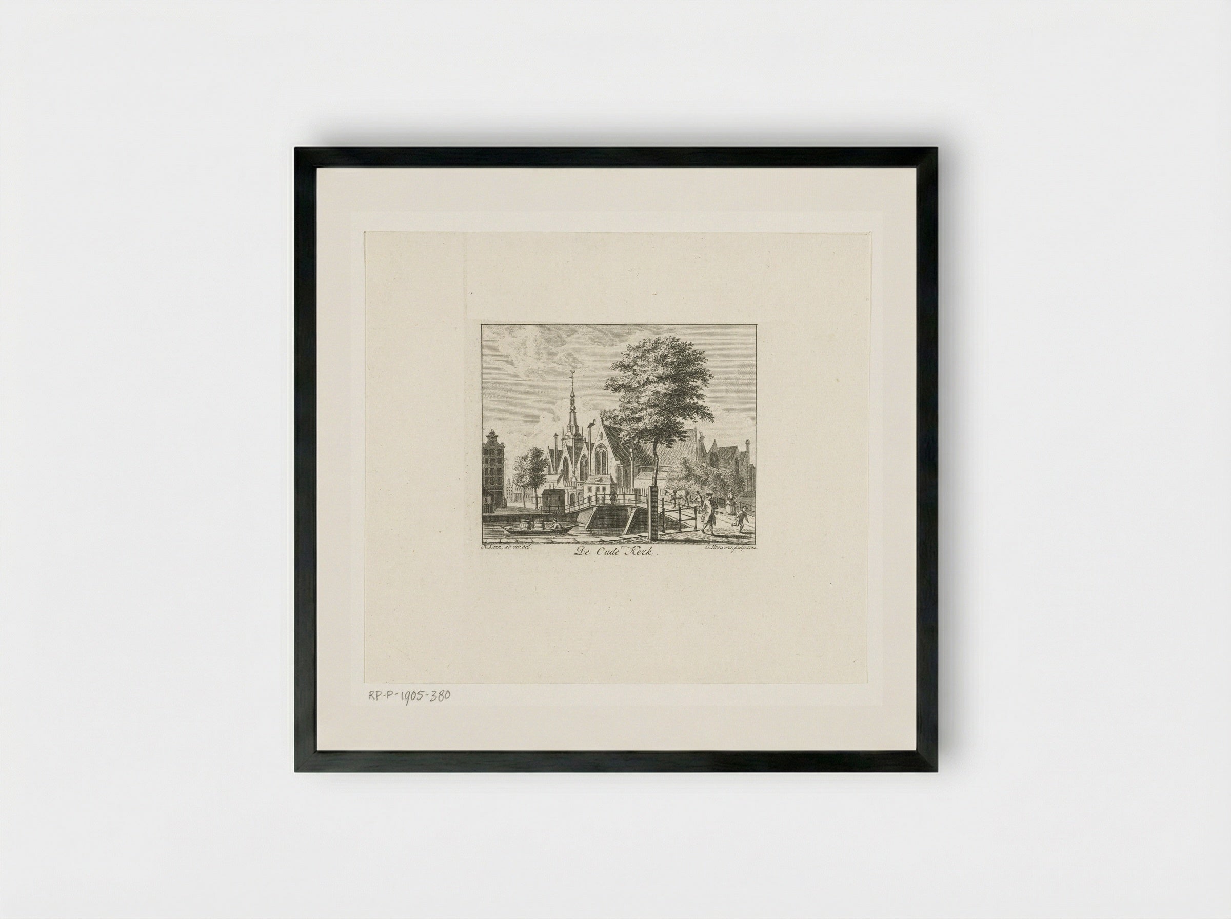 Stadsgezicht met Oude Kerk te Amsterdam - Cornelis Brouwer - Framed Print Black