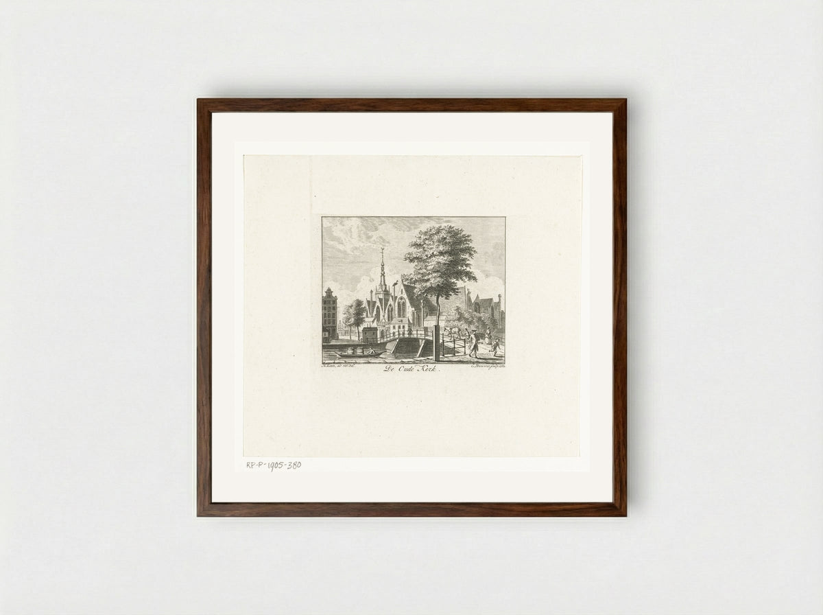 Stadsgezicht met Oude Kerk te Amsterdam - Cornelis Brouwer - Framed Print Dark Wood