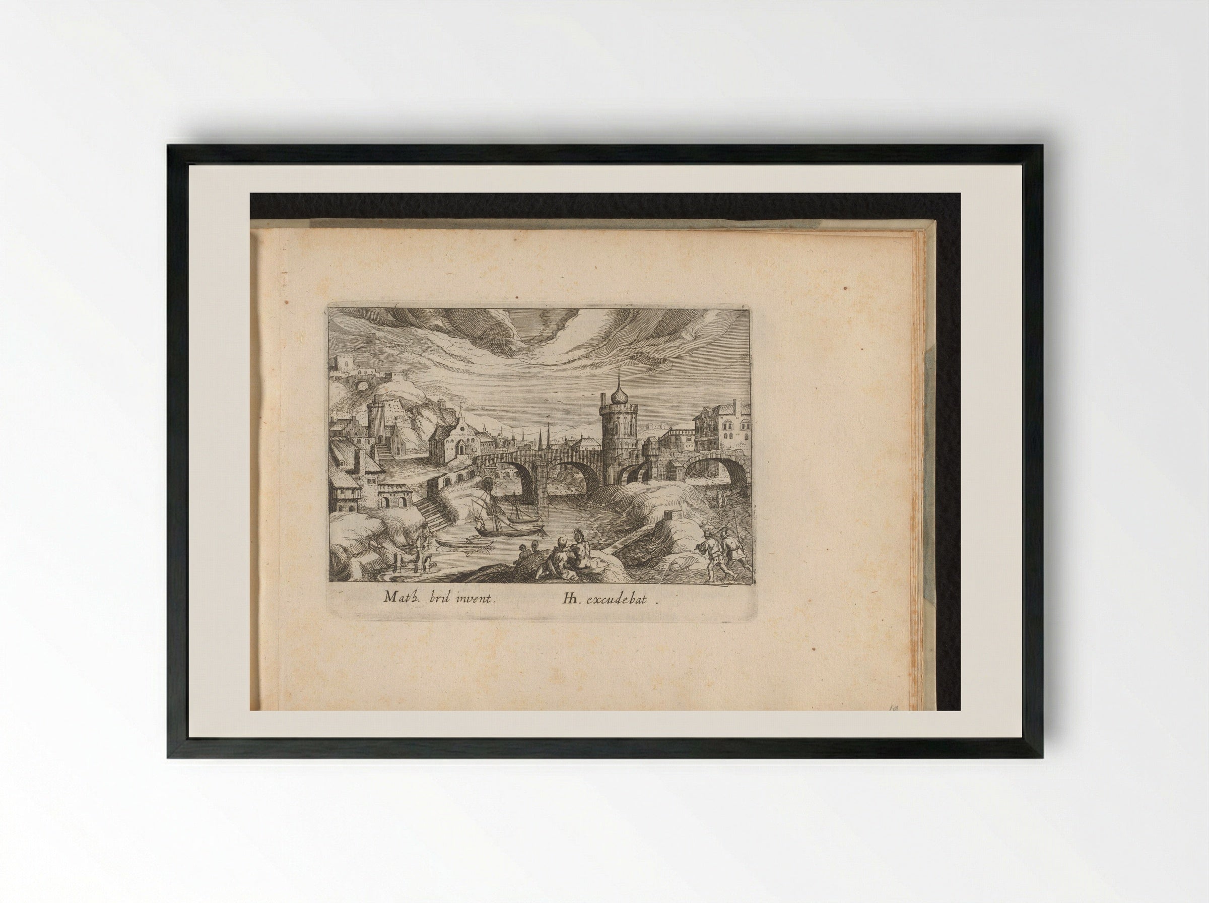 Stadsgezicht met brug en toren - Simon Frisius - Framed Print Black