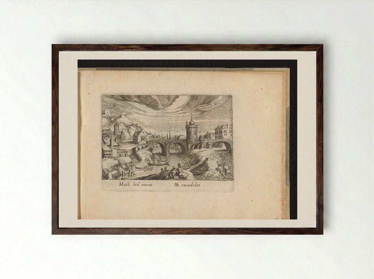 Stadsgezicht met brug en toren - Simon Frisius - Framed Print Dark Wood