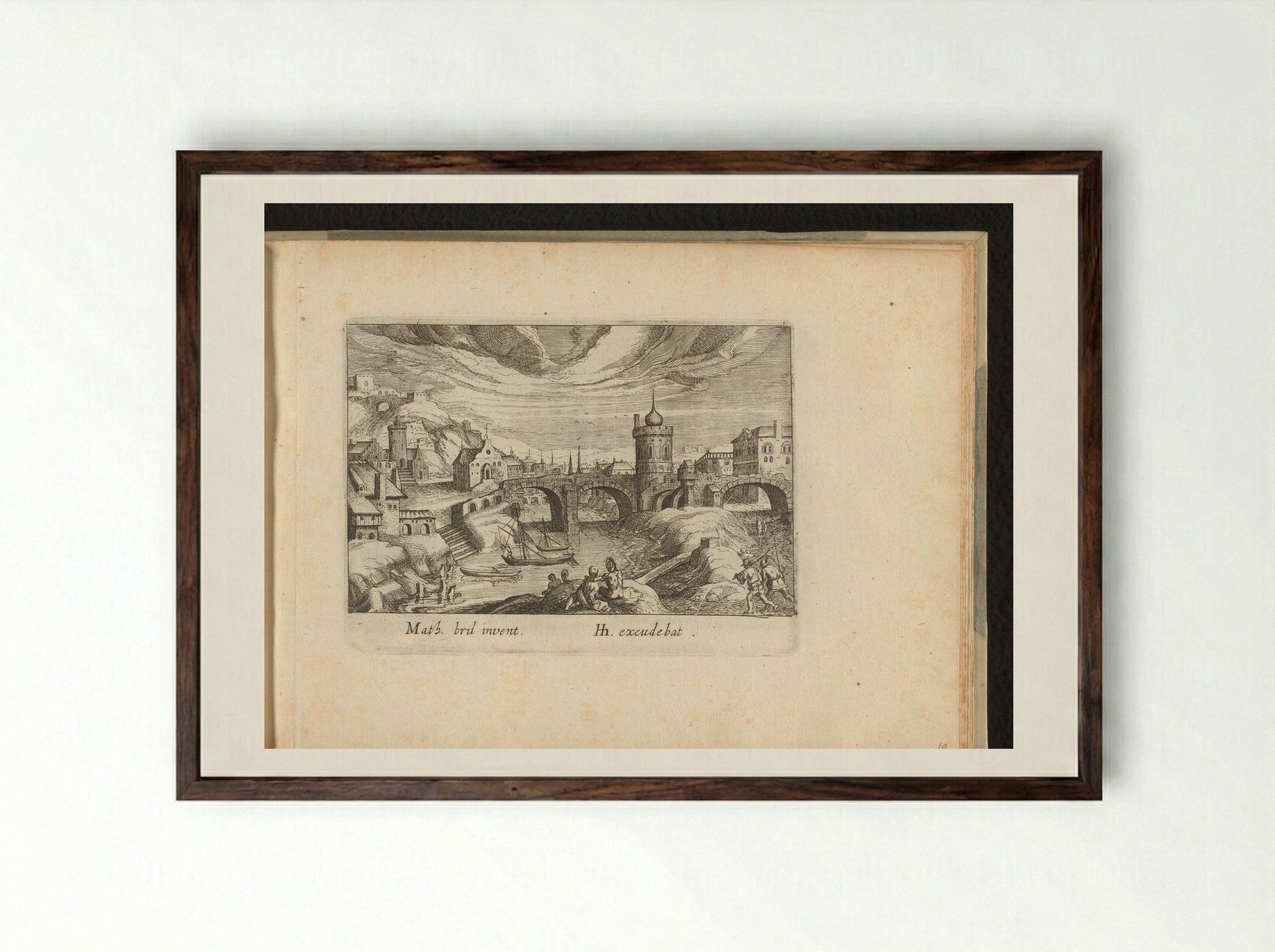 Stadsgezicht met brug en toren - Simon Frisius - Framed Print Dark Wood