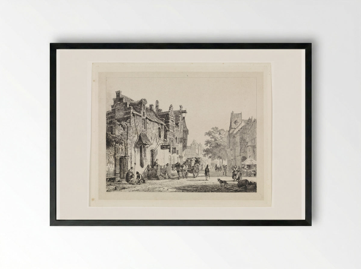 Stadsgezicht met paardenkar - Cornelis Springer - Framed Print Black