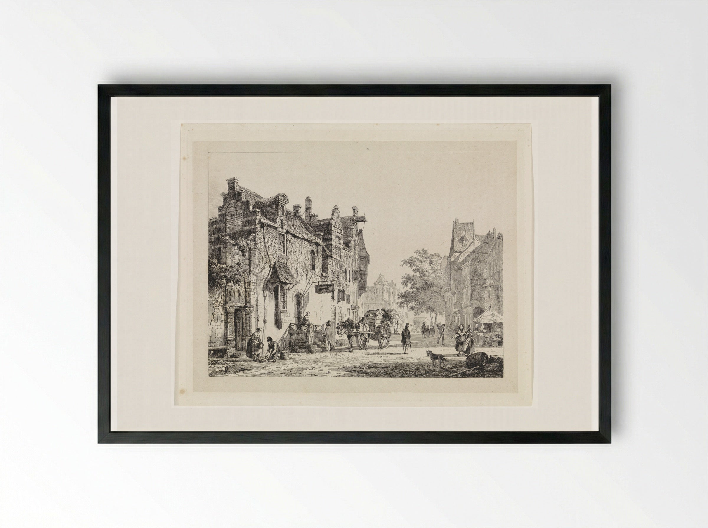 Stadsgezicht met paardenkar - Cornelis Springer - Framed Print Black