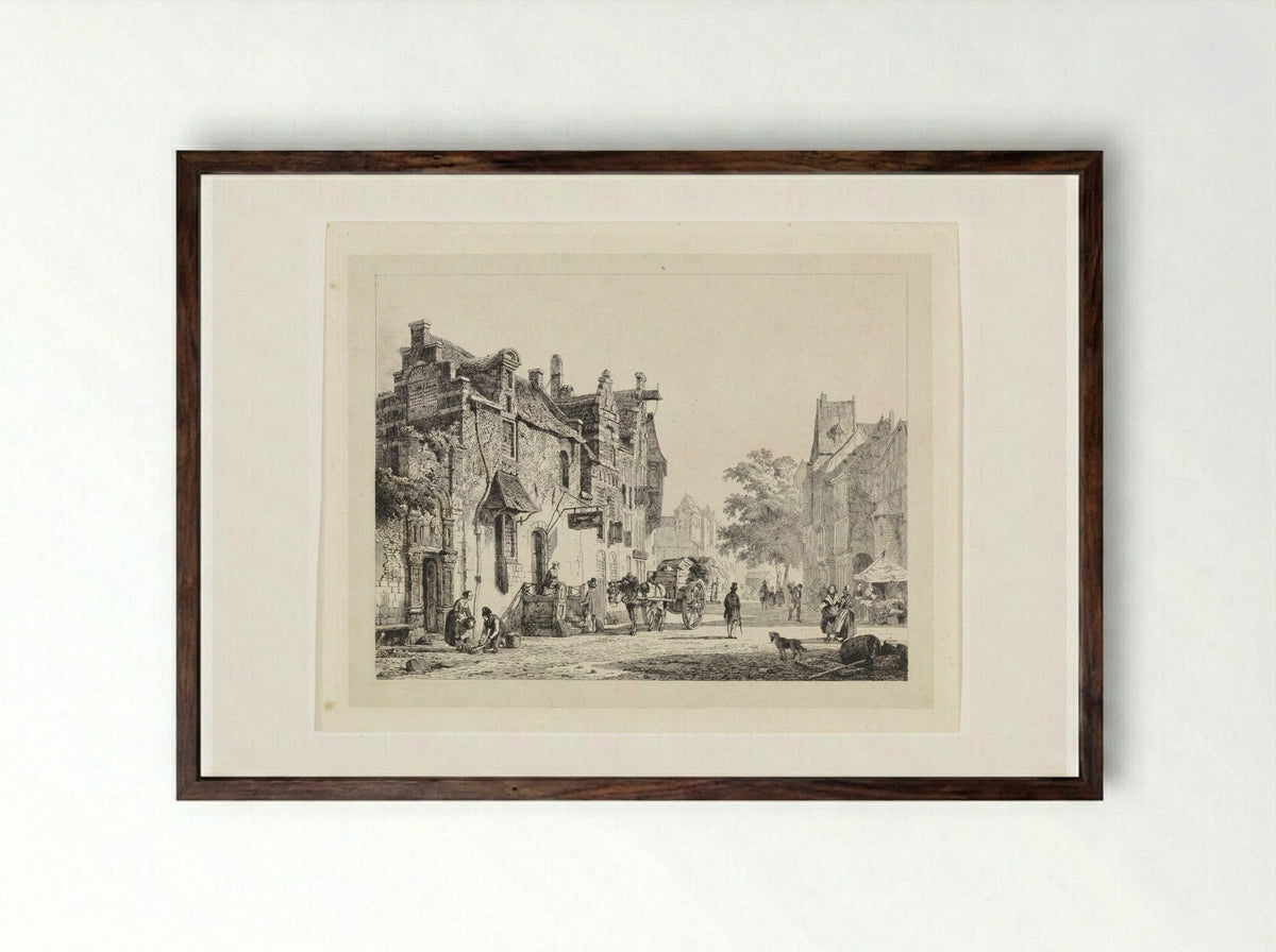 Stadsgezicht met paardenkar - Cornelis Springer - Framed Print Dark Wood