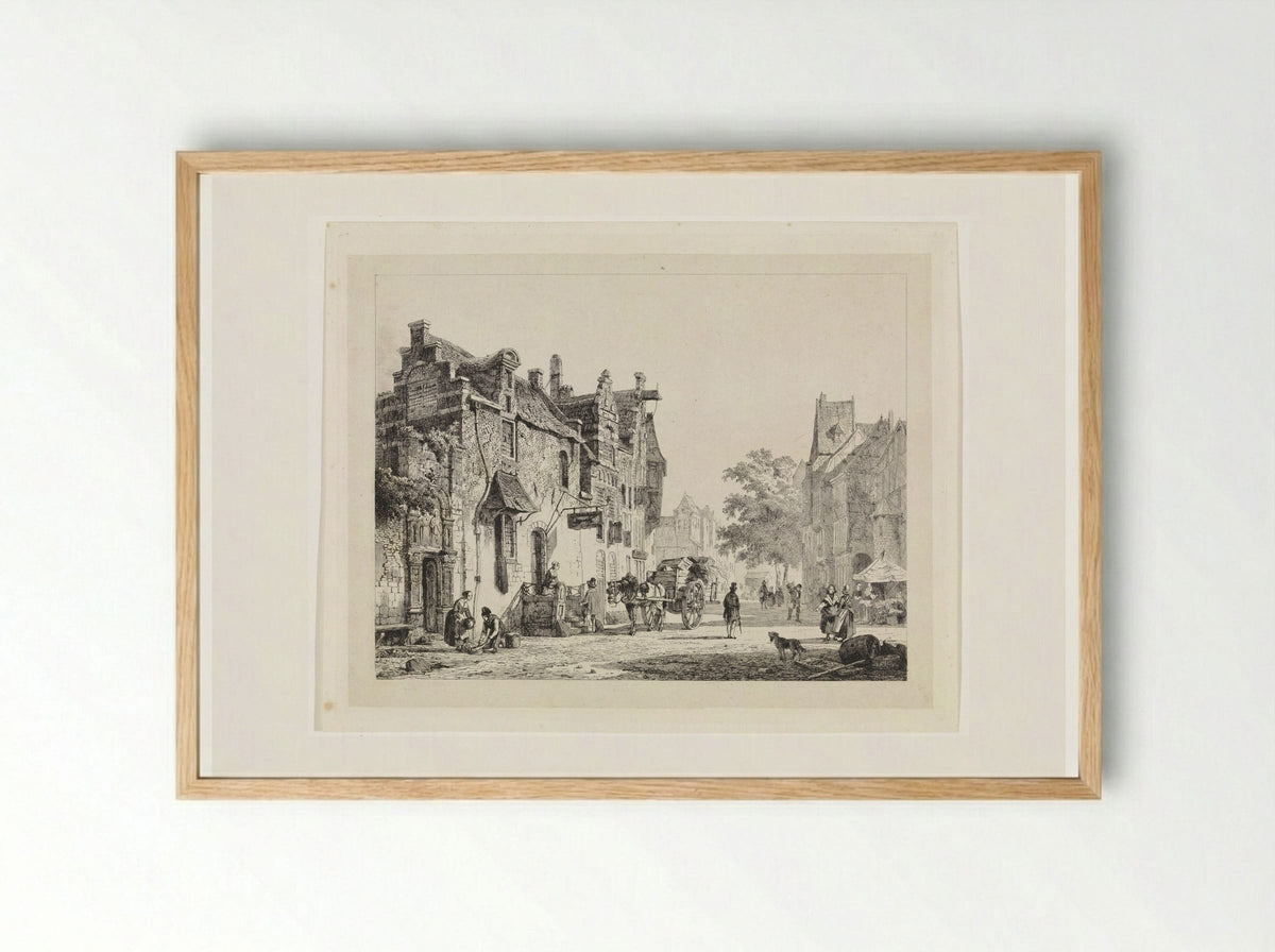 Stadsgezicht met paardenkar - Cornelis Springer - Framed Print Wood