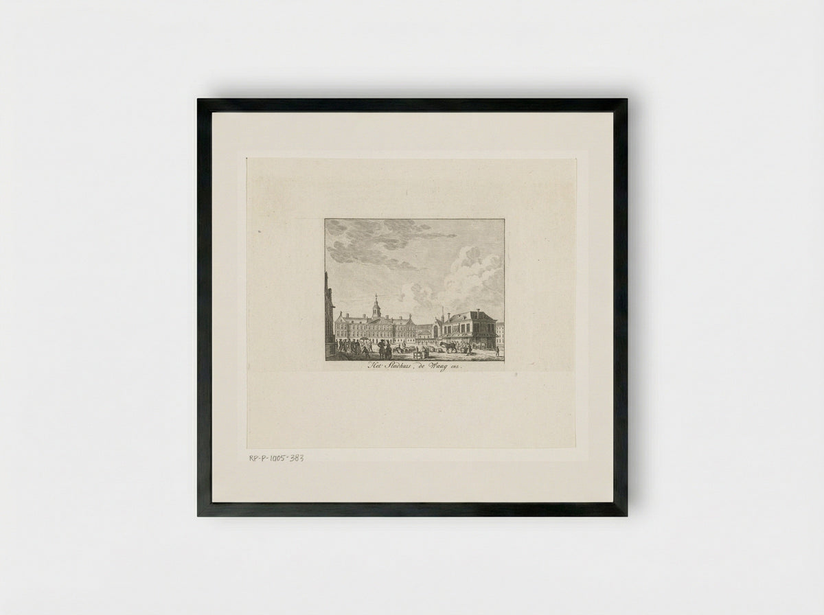 Stadsgezicht met stadhuis en de Waag te Amsterdam - Cornelis Brouwer - Framed Print Black