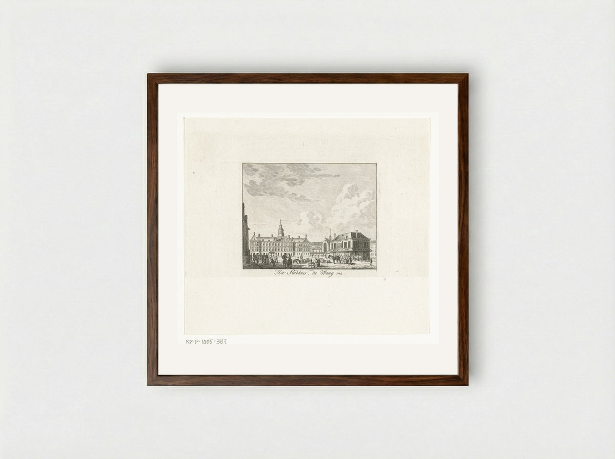 Stadsgezicht met stadhuis en de Waag te Amsterdam - Cornelis Brouwer - Framed Print Dark Wood