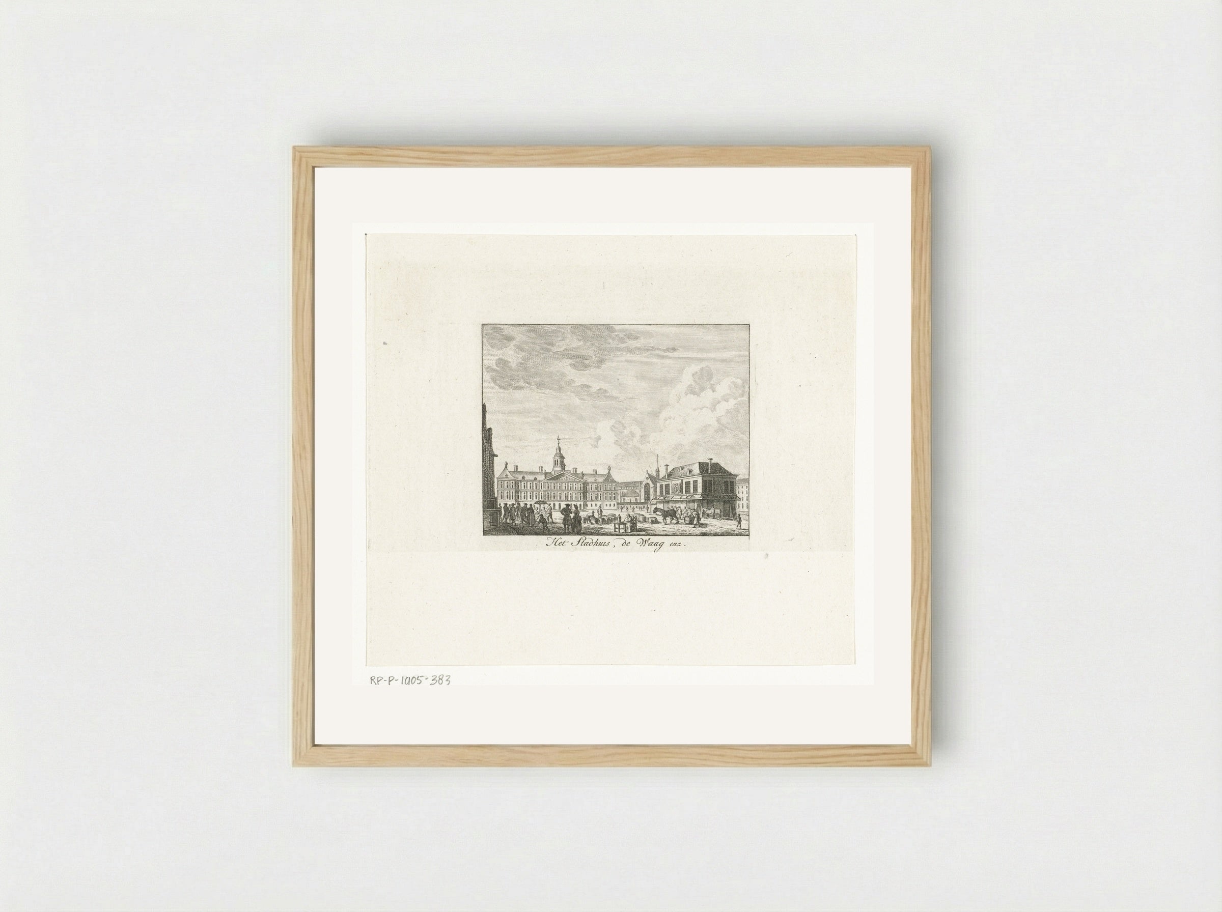 Stadsgezicht met stadhuis en de Waag te Amsterdam - Cornelis Brouwer - Framed Print Wood