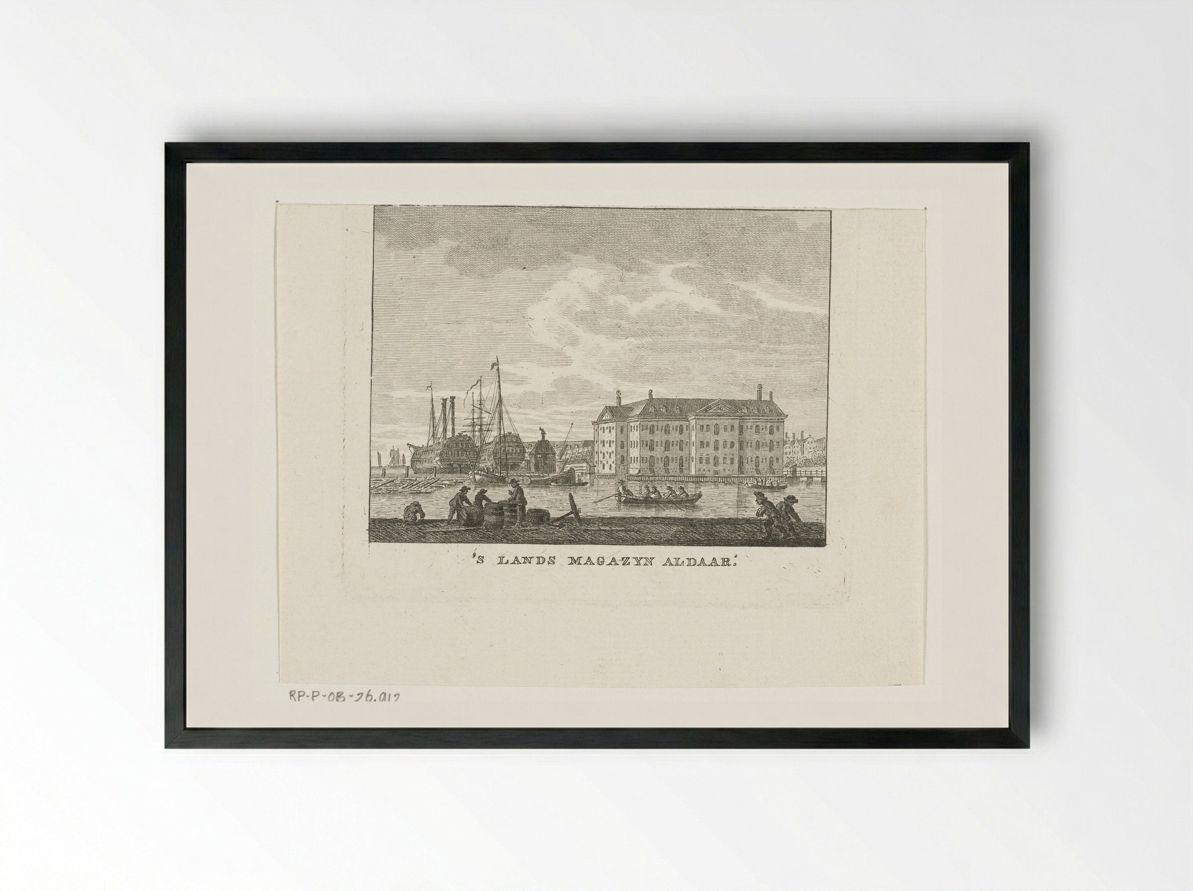 Stadsgezicht met zeemagazijn en haven met schepen te Amsterdam - Cornelis Brouwer - Framed Print Black