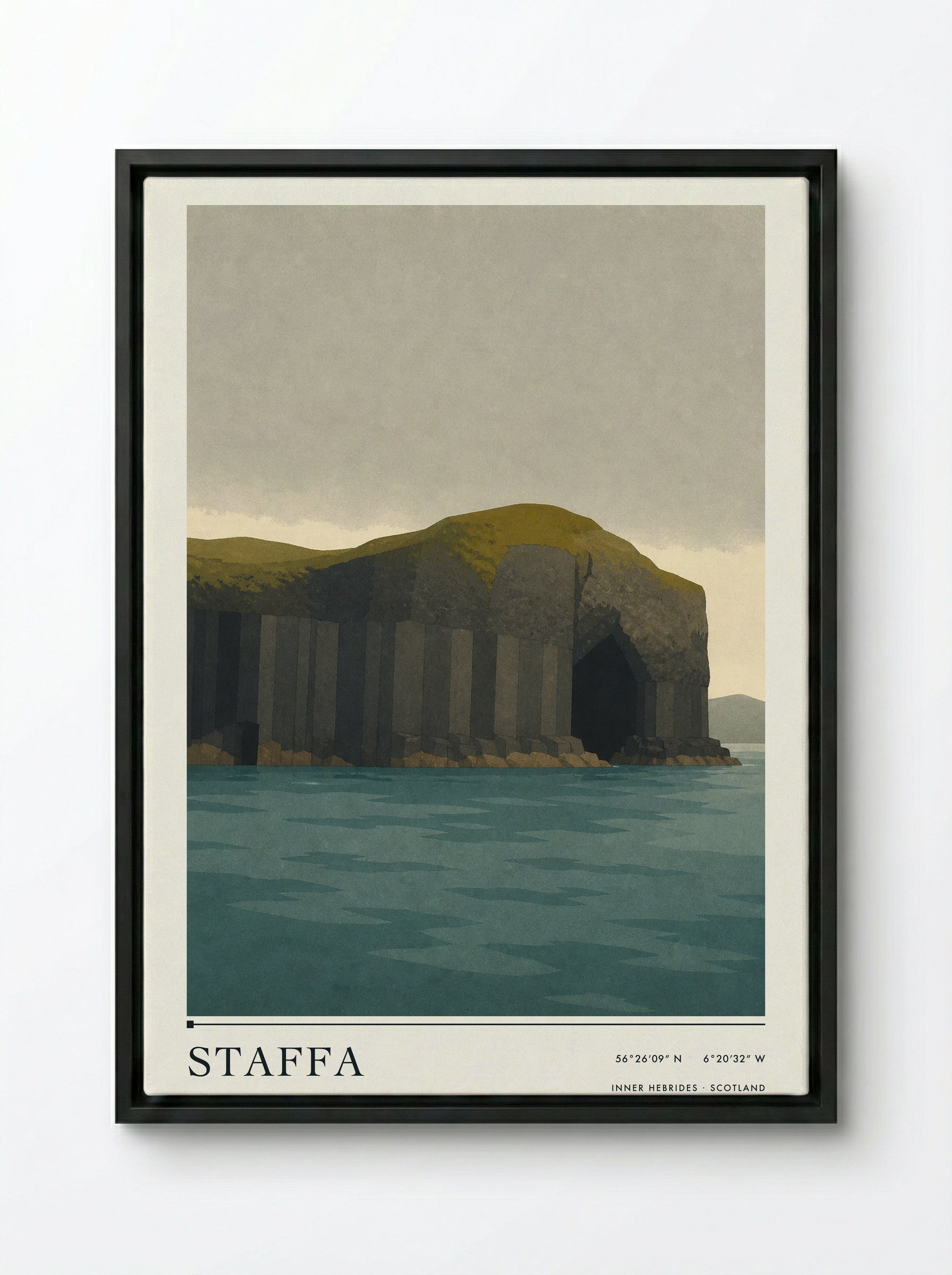 Staffa Travel Poster Artwork - Framed Canvas Black