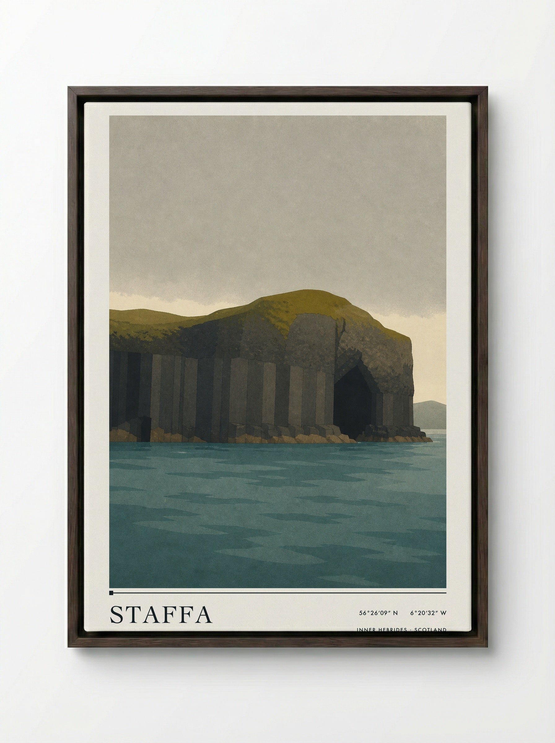 Staffa Travel Poster Artwork - Framed Canvas Dark Wood