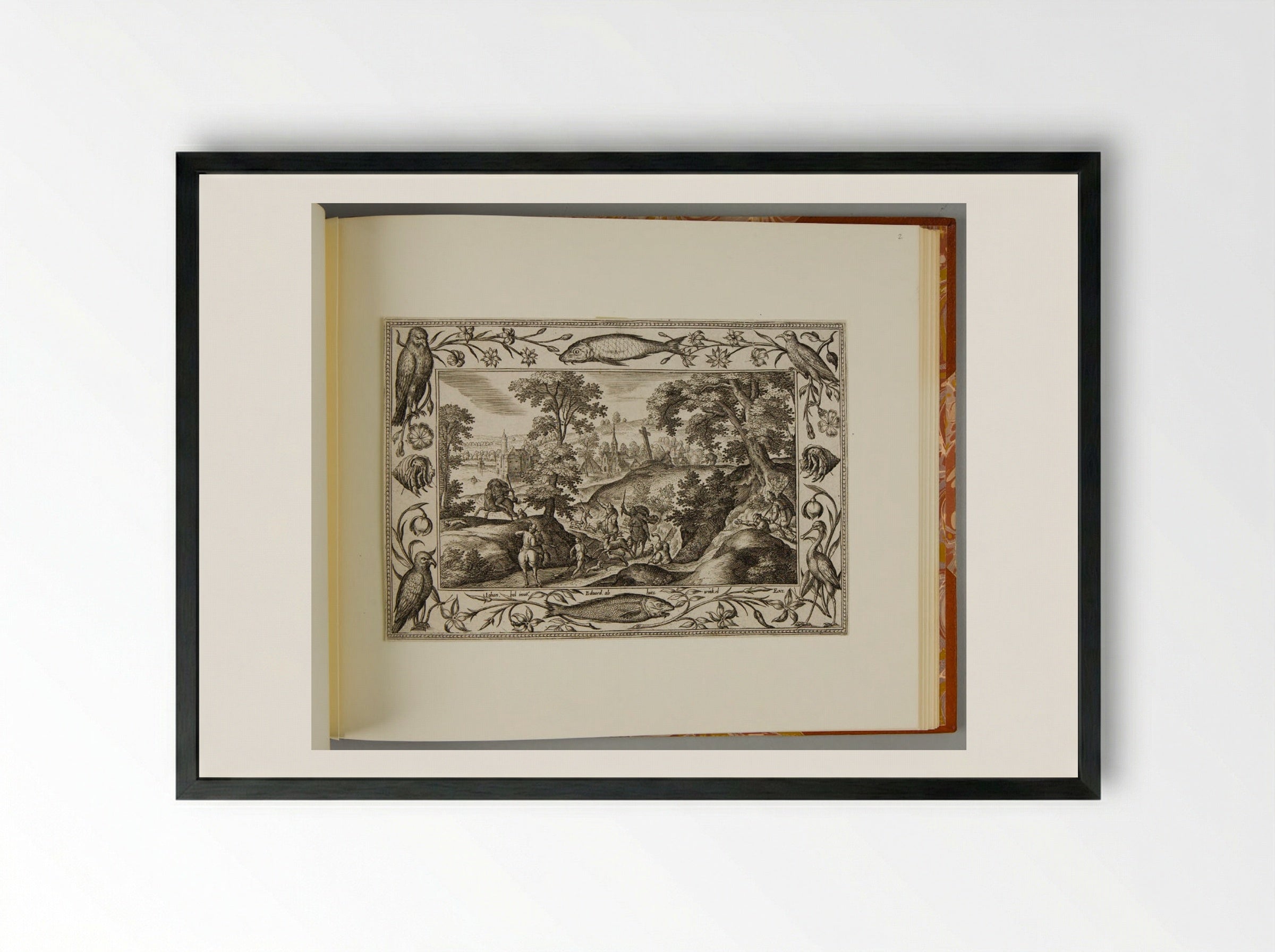 Stag Hunt, with Fish, Eagle, Hermit Crab, and Stork - Adriaen Collaert - Framed Print Black