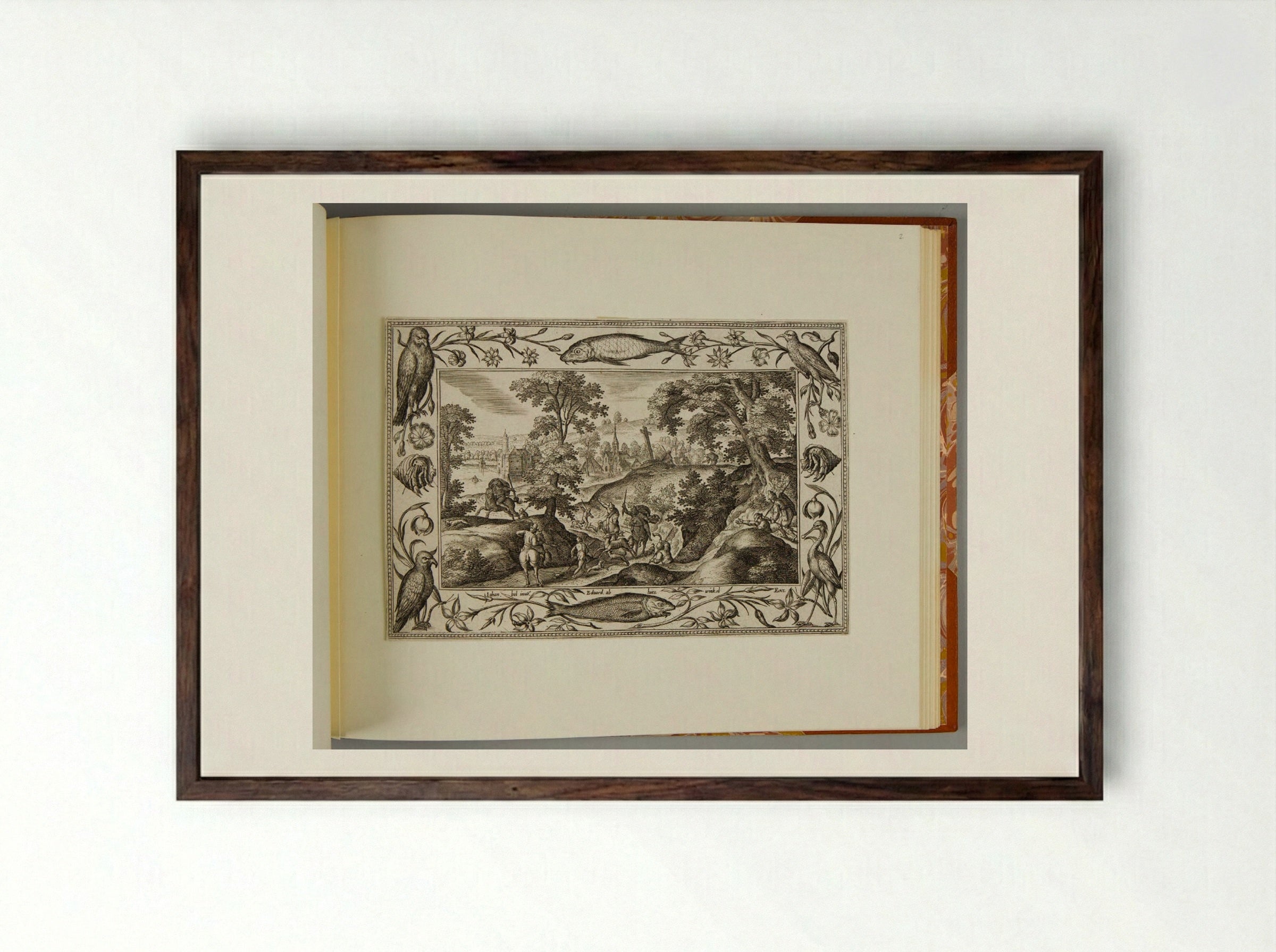Stag Hunt, with Fish, Eagle, Hermit Crab, and Stork - Adriaen Collaert - Framed Print Dark Wood