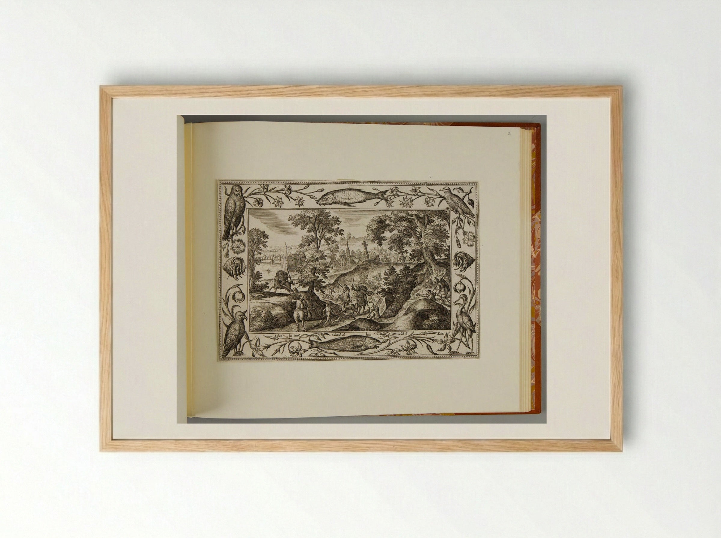 Stag Hunt, with Fish, Eagle, Hermit Crab, and Stork - Adriaen Collaert - Framed Print Wood