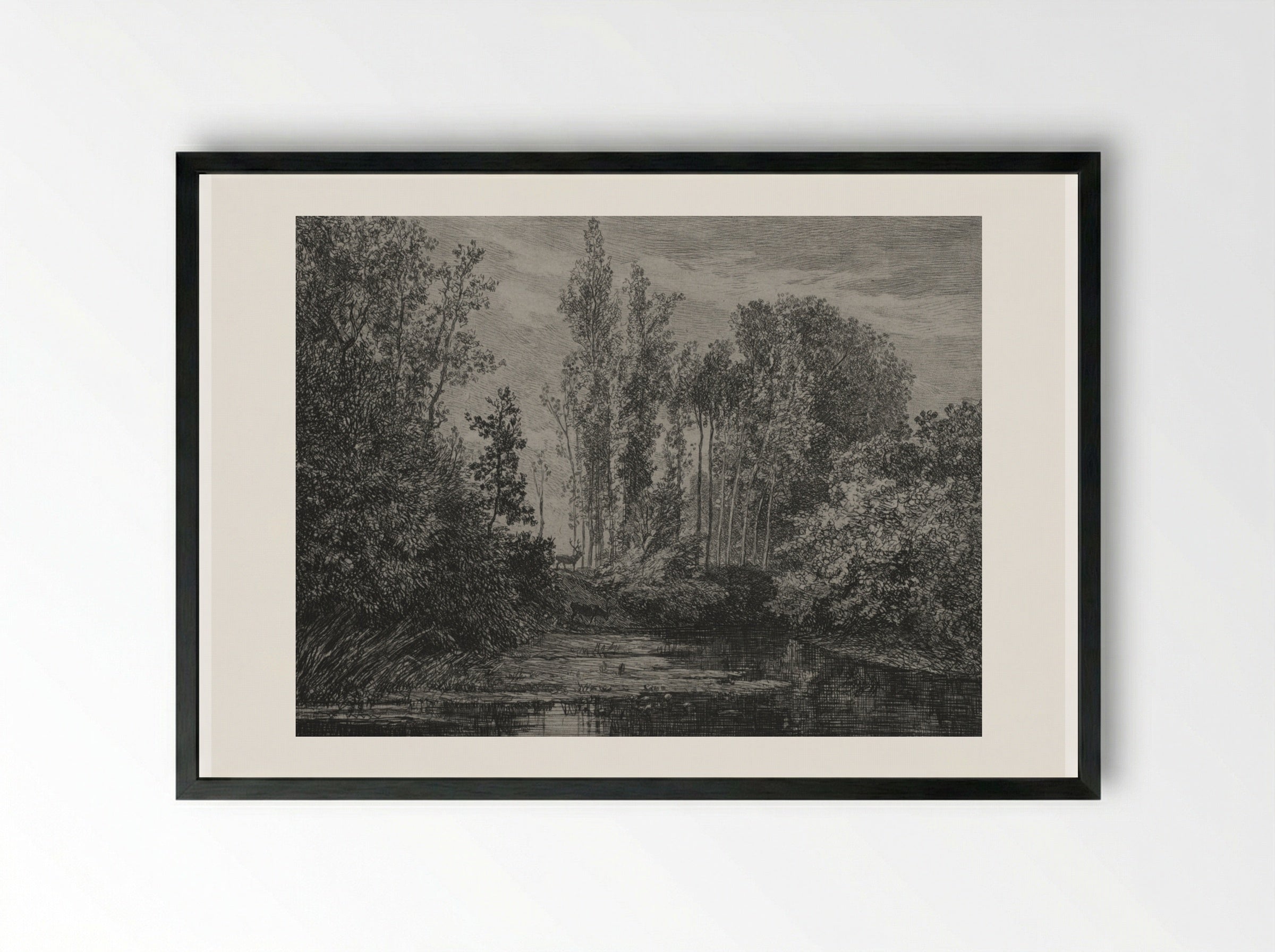 Stags at the Water's Edge - Charles-François Daubigny - Framed Print Black