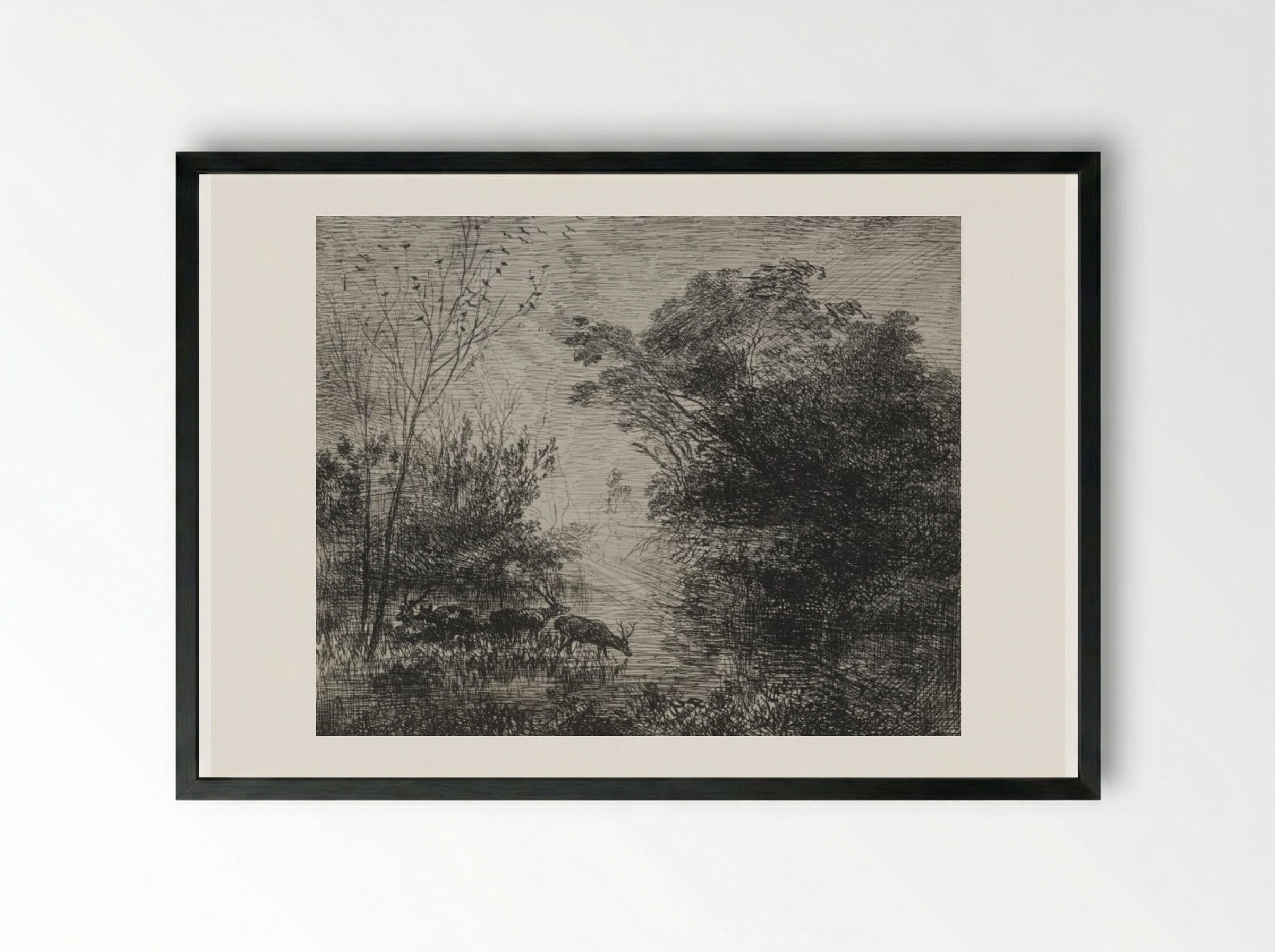 Stags - Charles François Daubigny - Framed Print Black