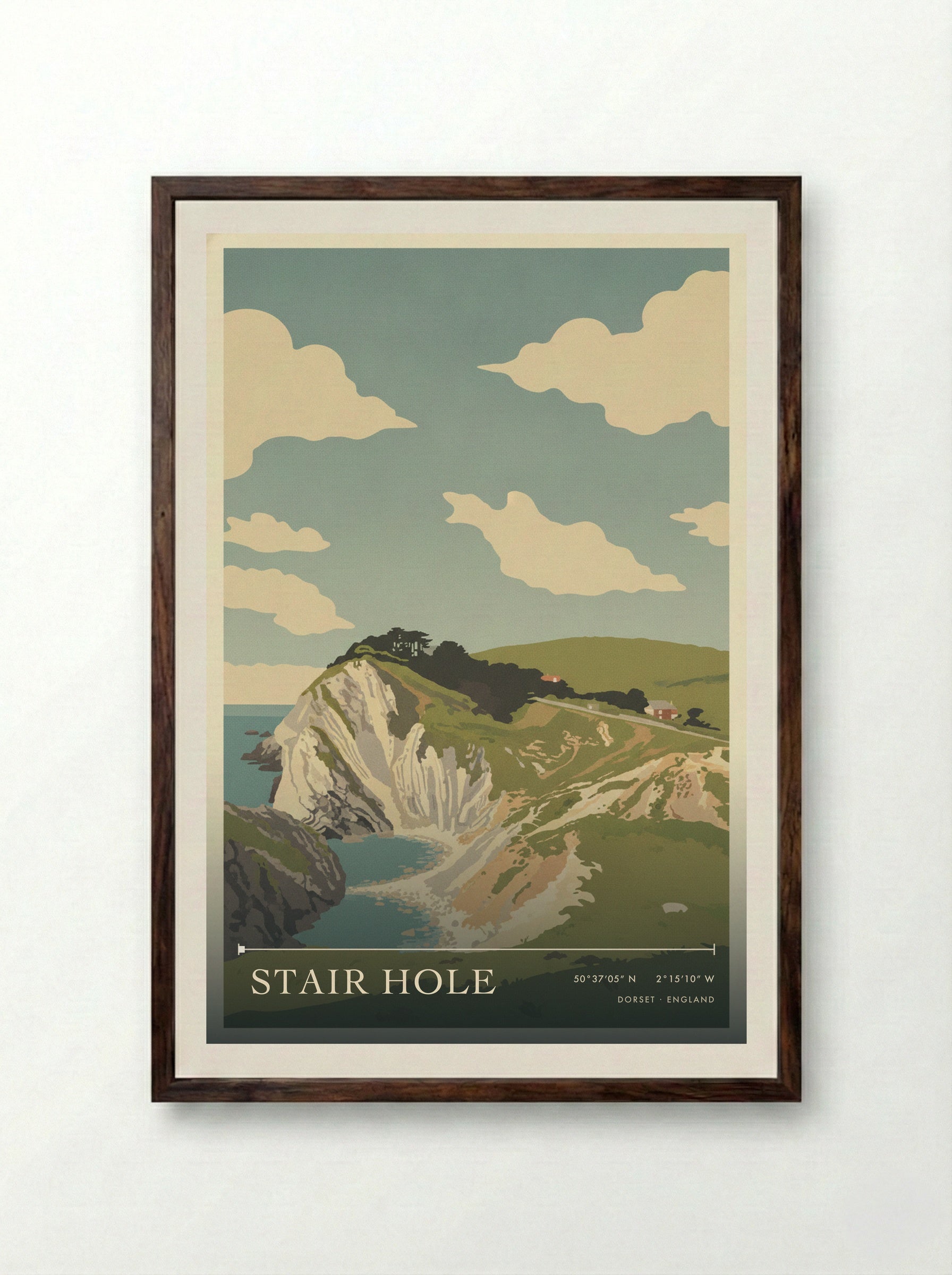 Stair Hole Dorset England Travel Poster - Framed Print Dark Wood