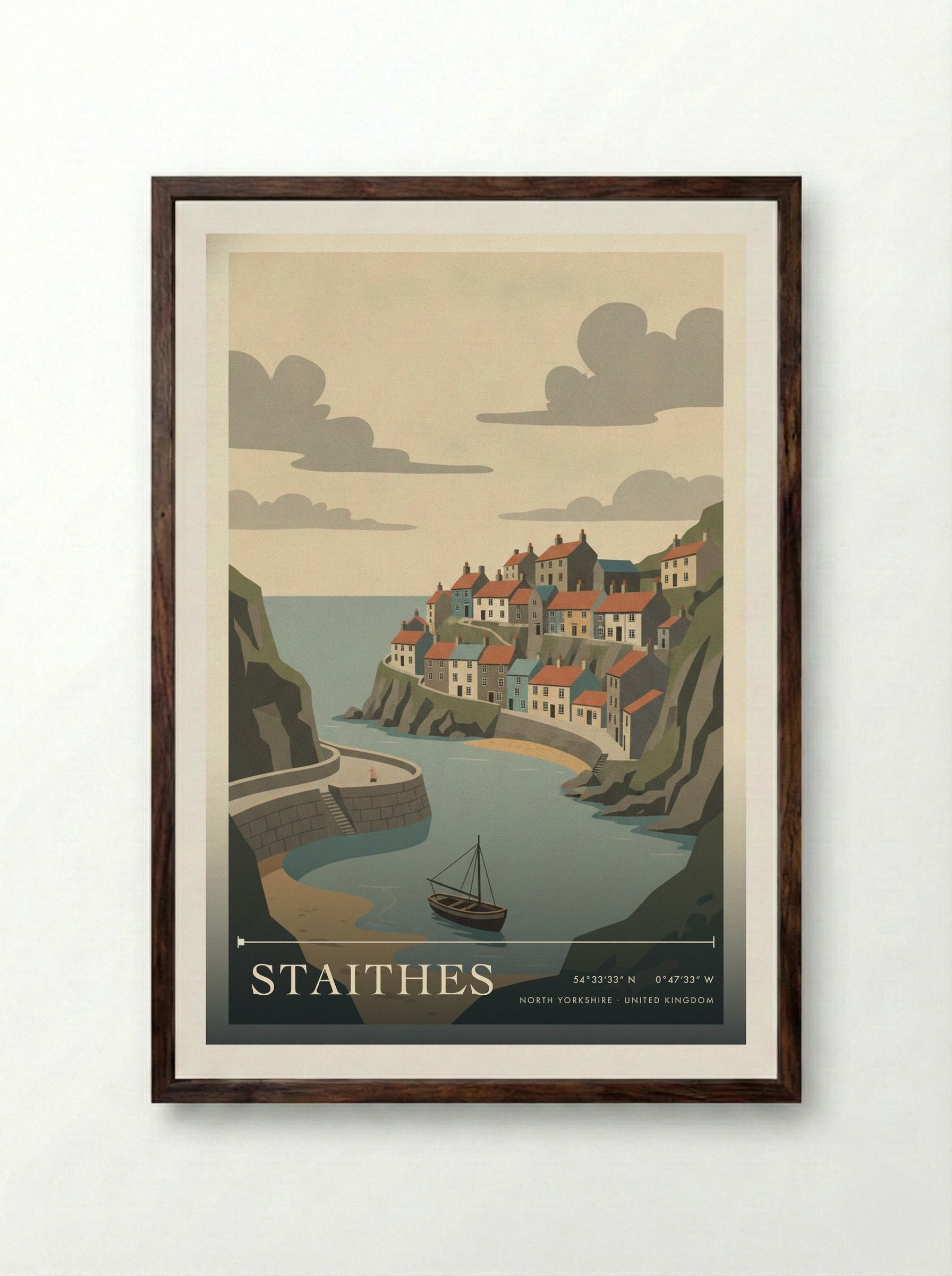 Staithes North Yorkshire United Kingdom Travel Poster - Framed Print Dark Wood