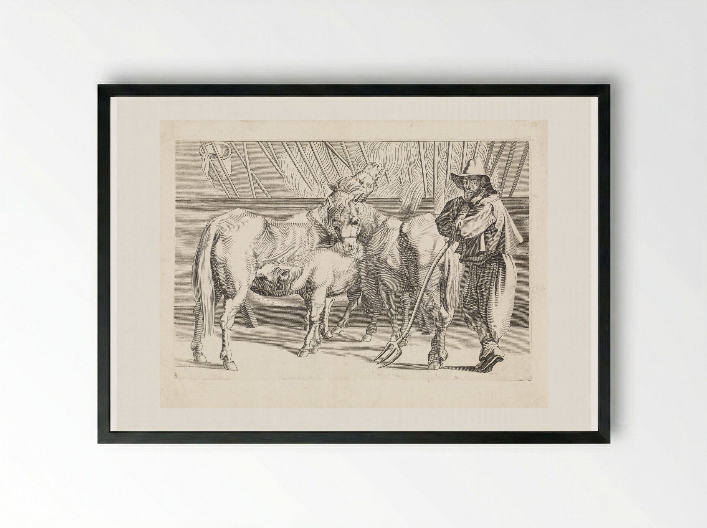 Stal met paarden en stalmeester - Paulus Pontius - Framed Print Black