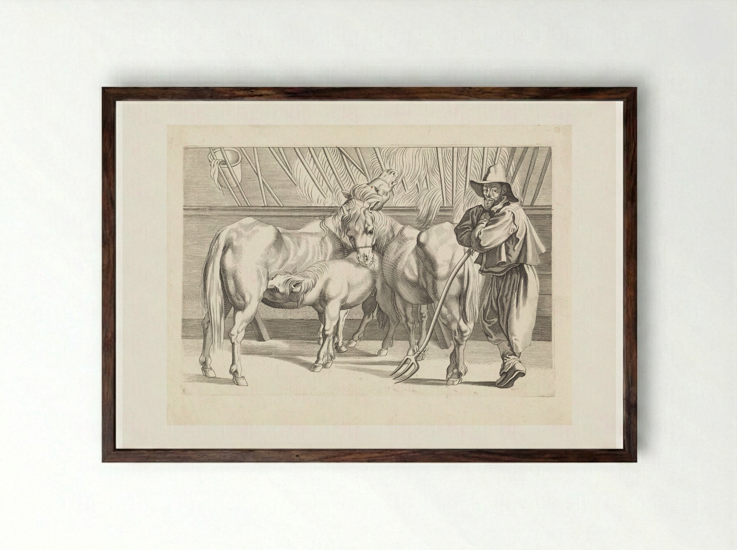 Stal met paarden en stalmeester - Paulus Pontius - Framed Print Dark Wood