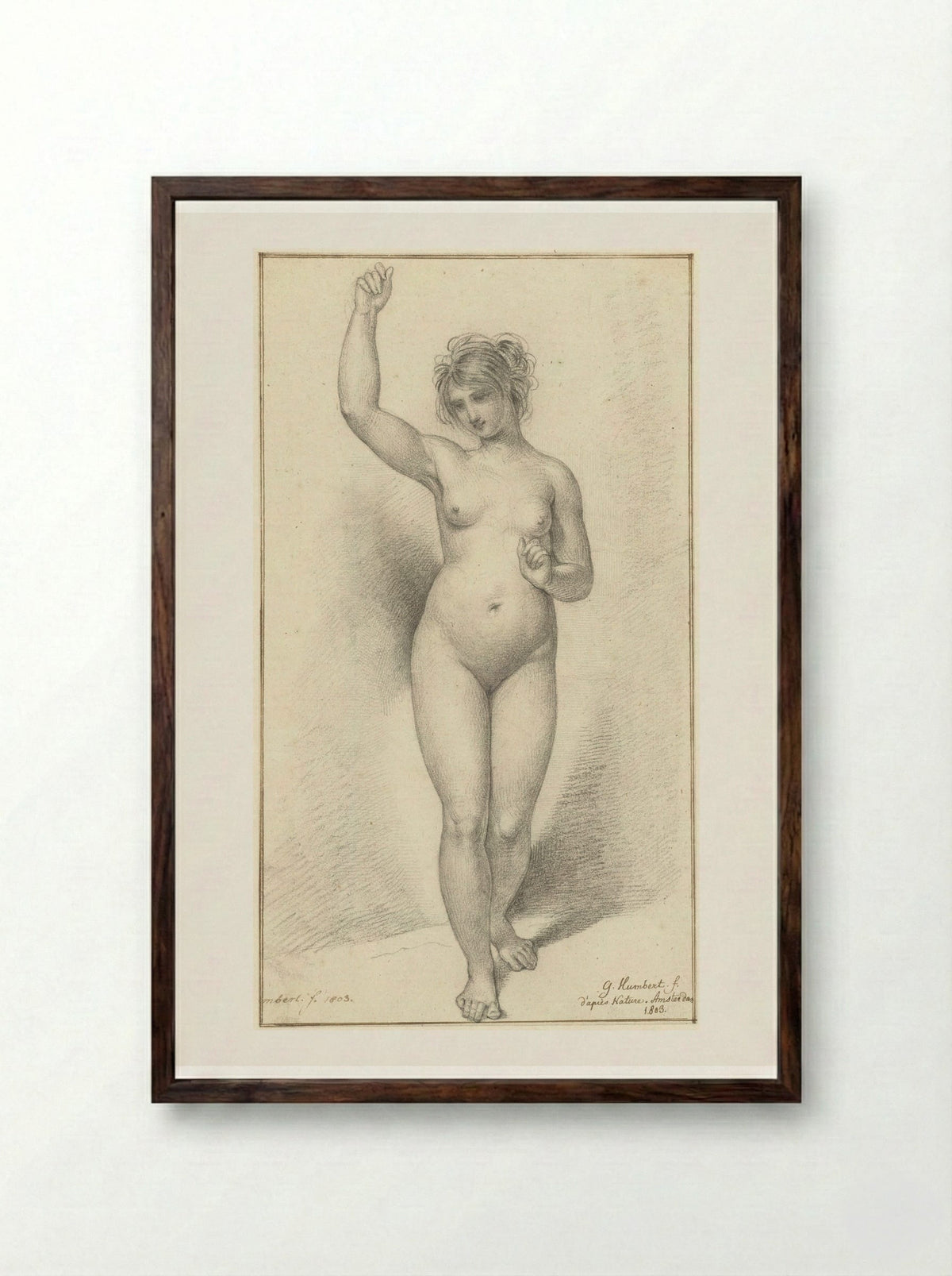 Standing Female Nude, with Raised Right Arm - David Pièrre Giottino Humbert de Superville - Framed Print Dark Wood