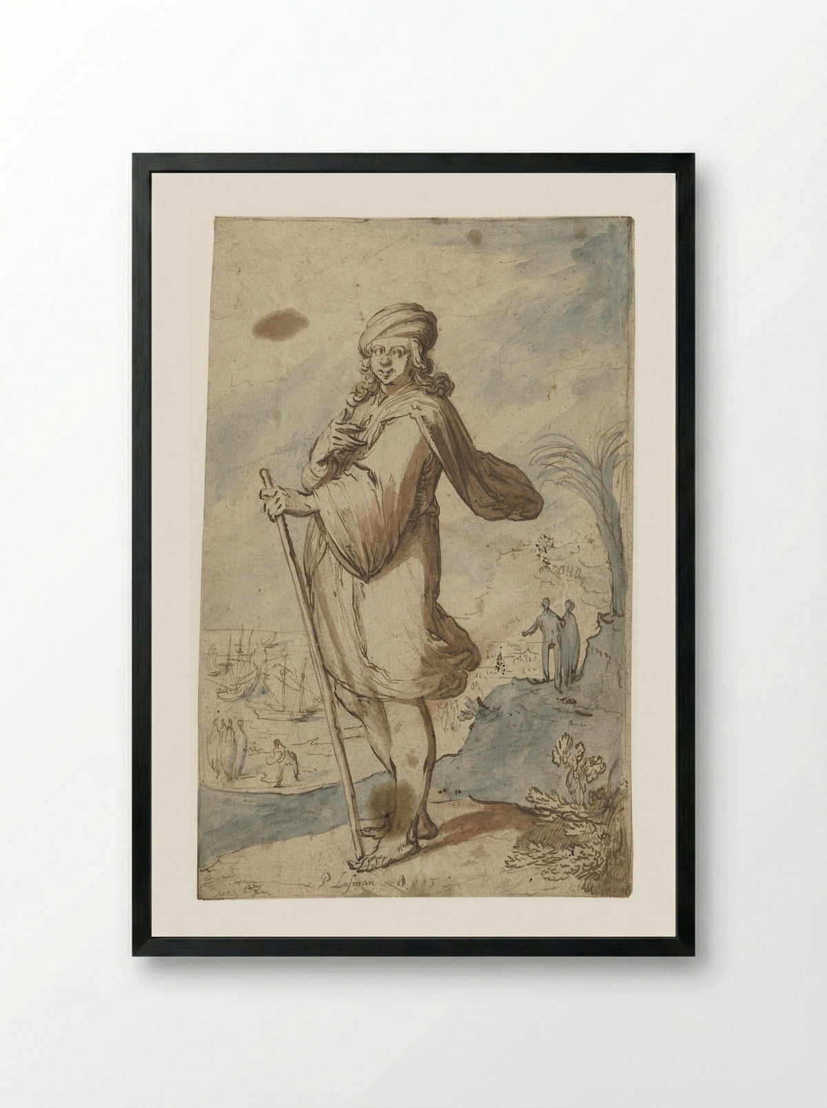 Standing Figure with Turban, Seen from the Side - Pieter Lastman - Framed Print Black