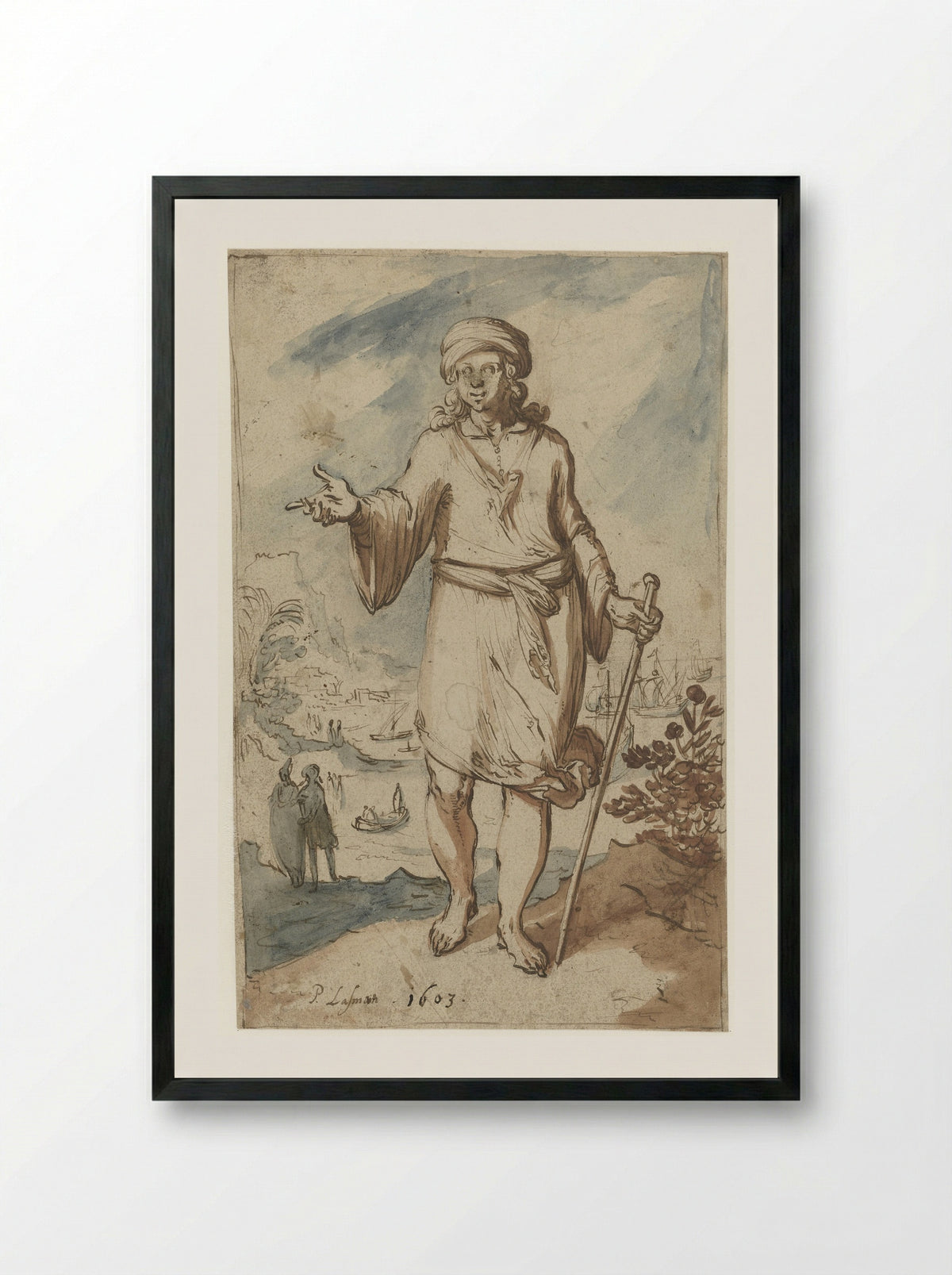 Standing Figure with a Turban, Seen from the Front - Pieter Lastman - Framed Print Black