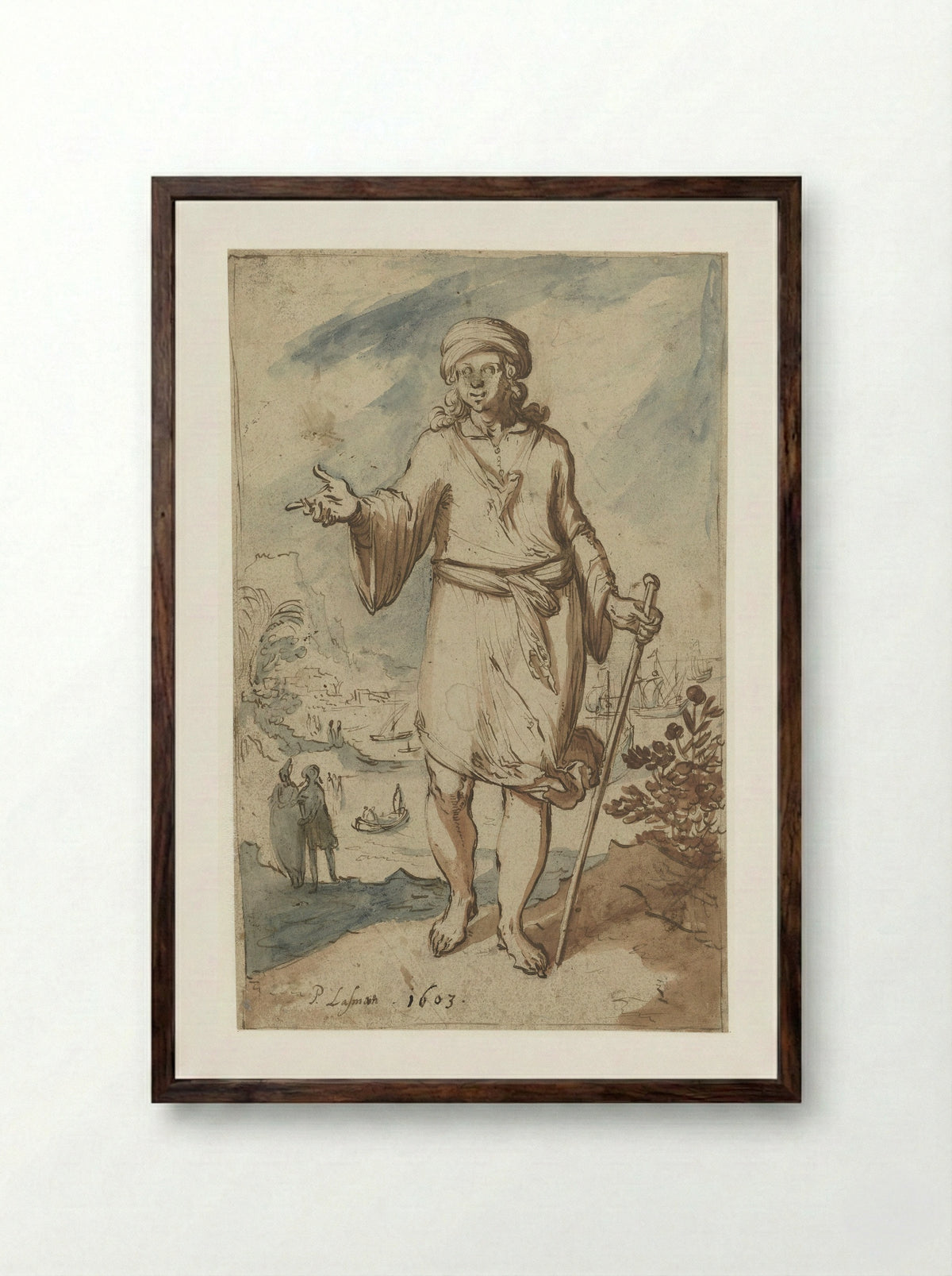 Standing Figure with a Turban, Seen from the Front - Pieter Lastman - Framed Print Dark Wood