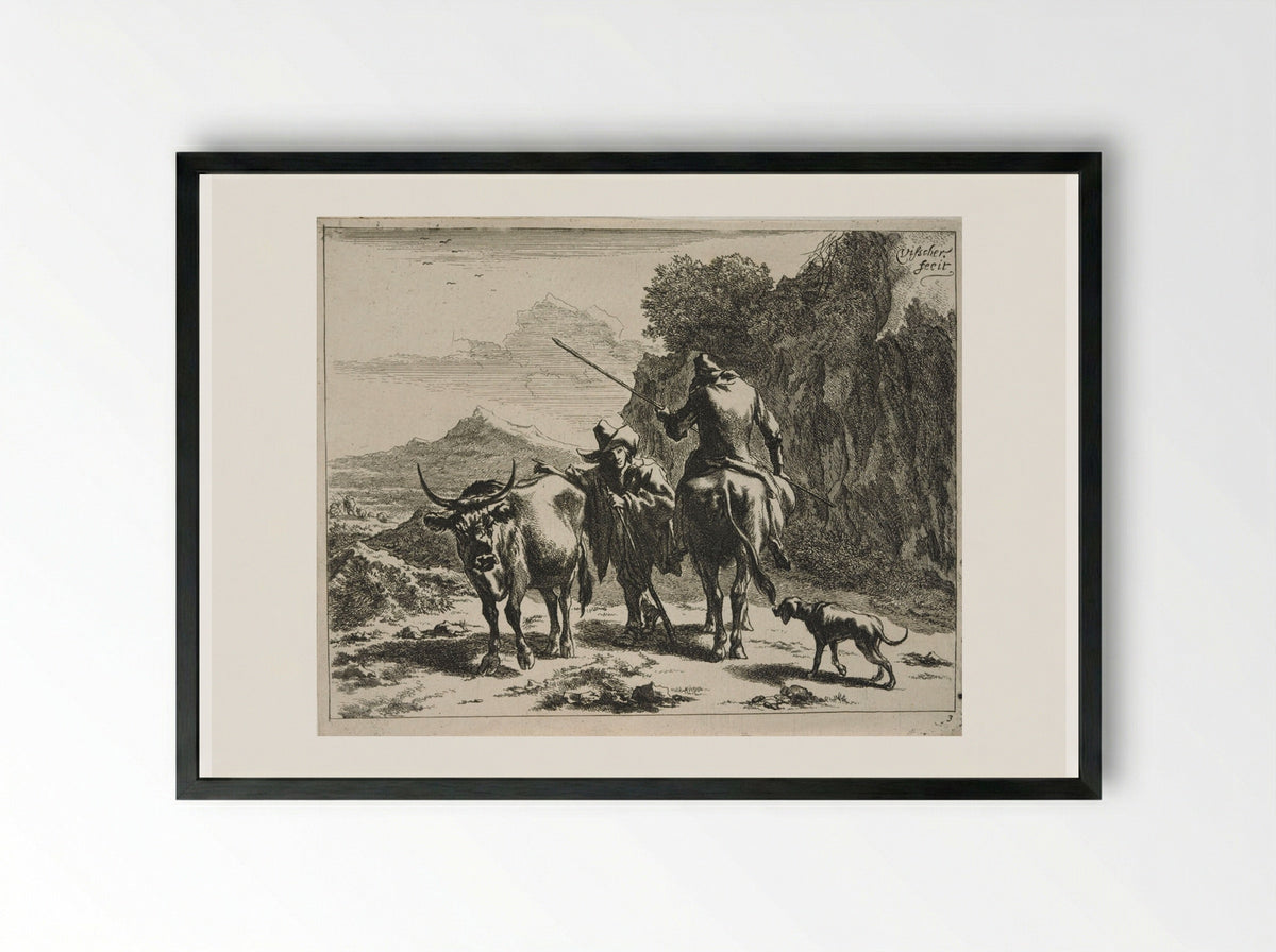 Standing Herdsman Chatting with a Mounted Herdsman - Johannes Visscher - Framed Print Black