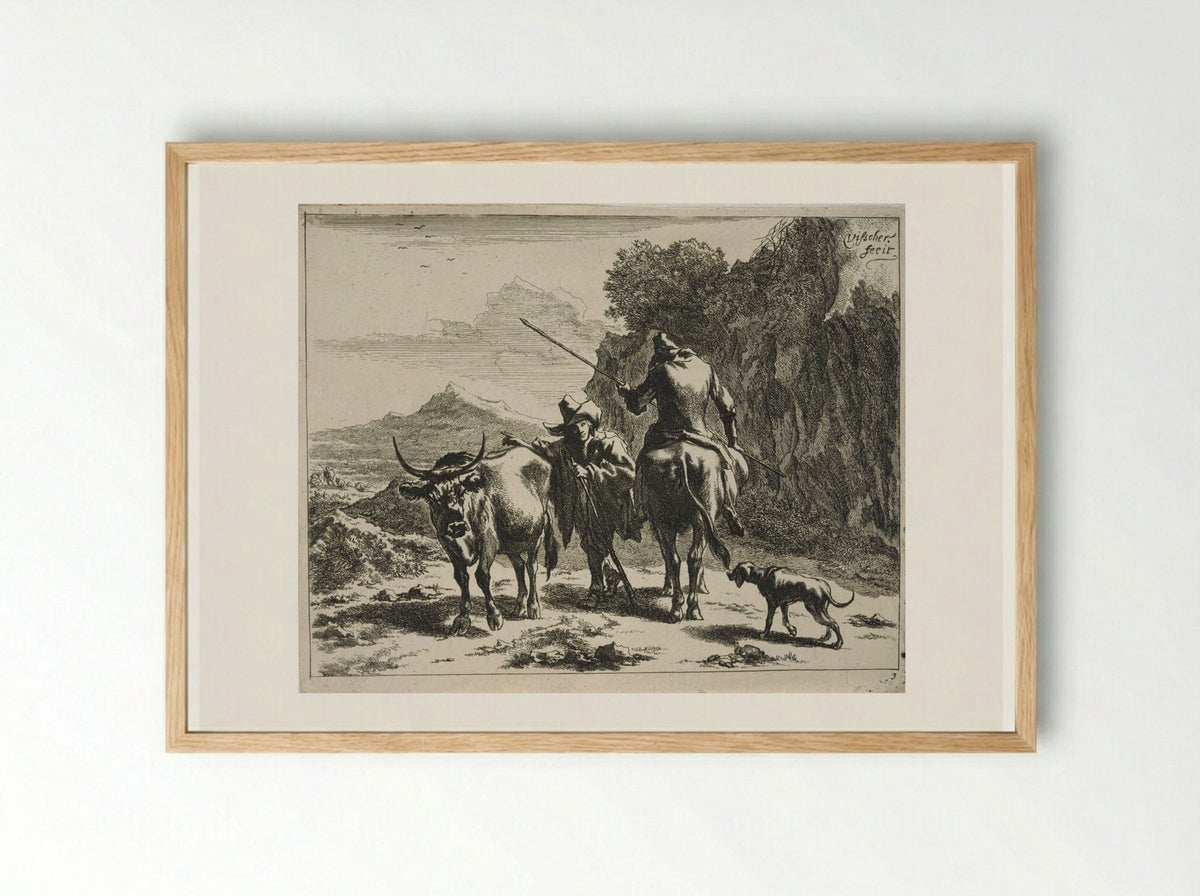 Standing Herdsman Chatting with a Mounted Herdsman - Johannes Visscher - Framed Print Wood