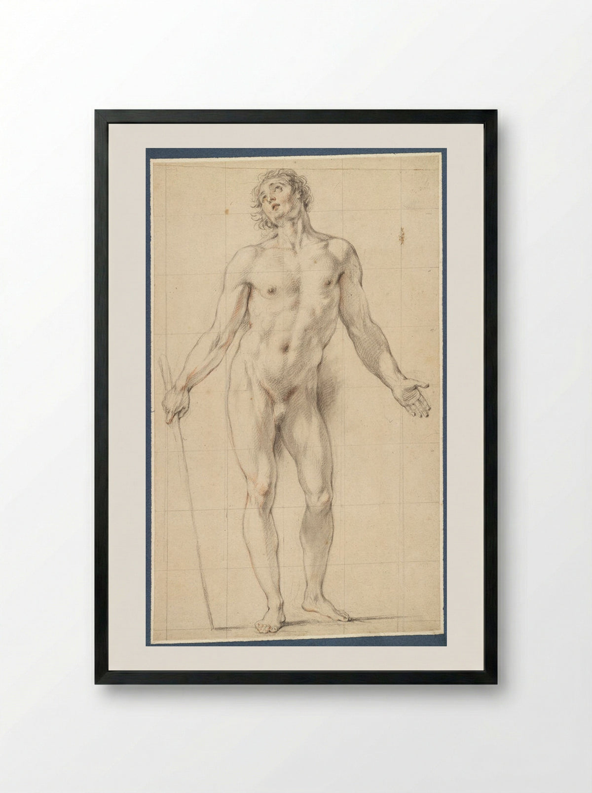 Standing Male Nude Holding a Staff - Charles-Antoine Coypel - Framed Print Black