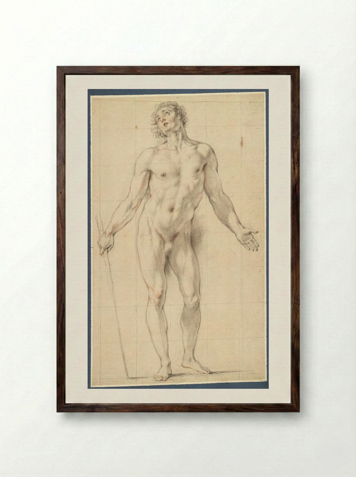 Standing Male Nude Holding a Staff - Charles-Antoine Coypel - Framed Print Dark Wood
